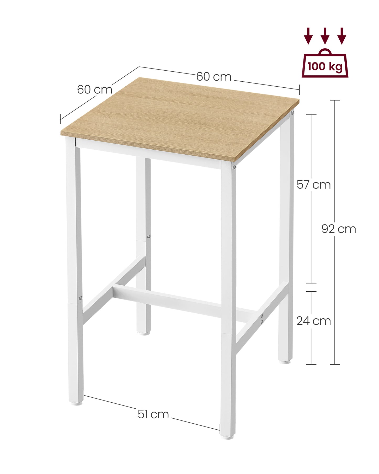 Mesa de Bar Mesa Alta Cuadrada Marco de Acero Resistente 60 x 60 x 92 cm-VASAGLE