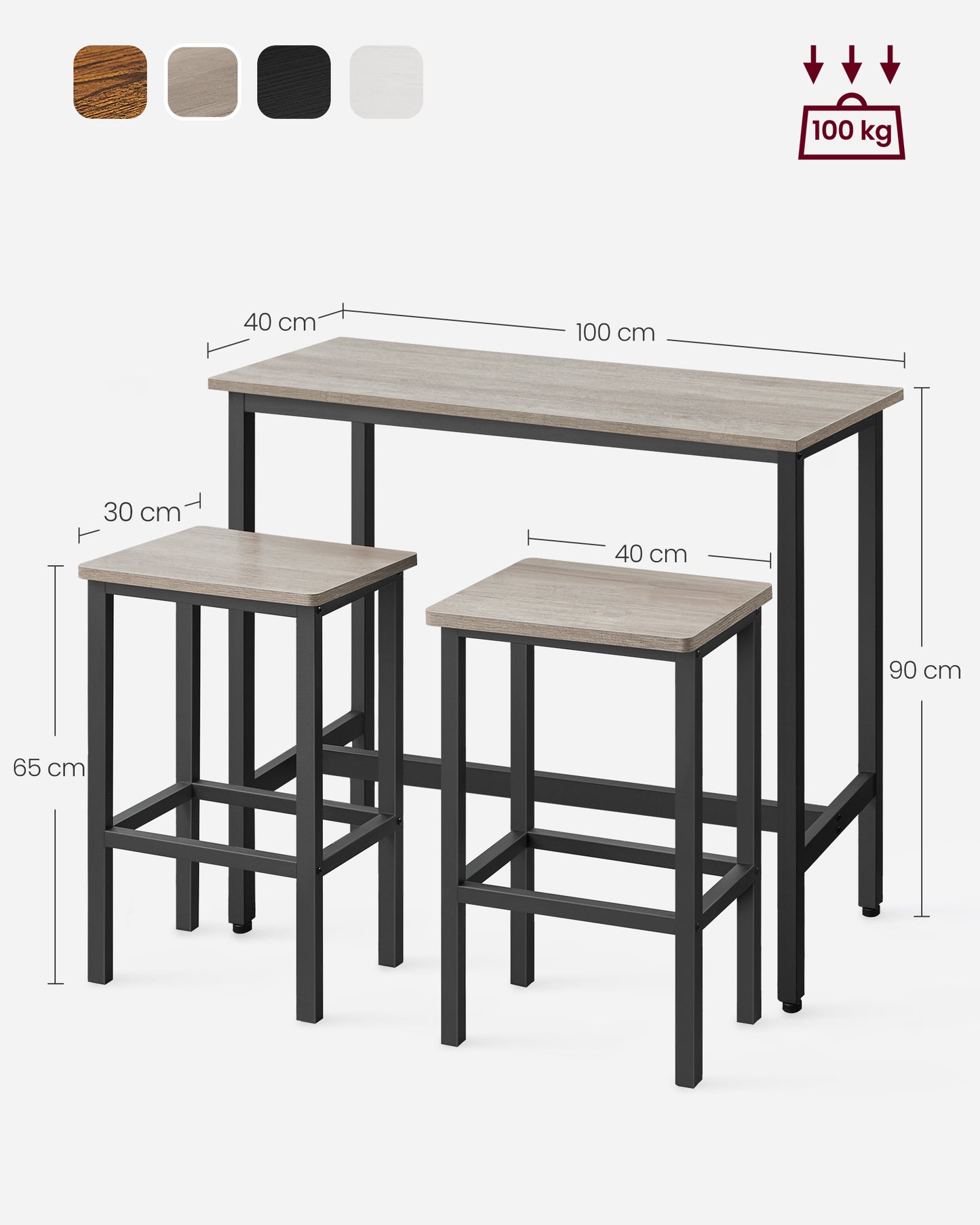 Juego de Mesa y Taburetes de Bar Mesa de Desayuno con 2 taburetes Marco de Acero-VASAGLE