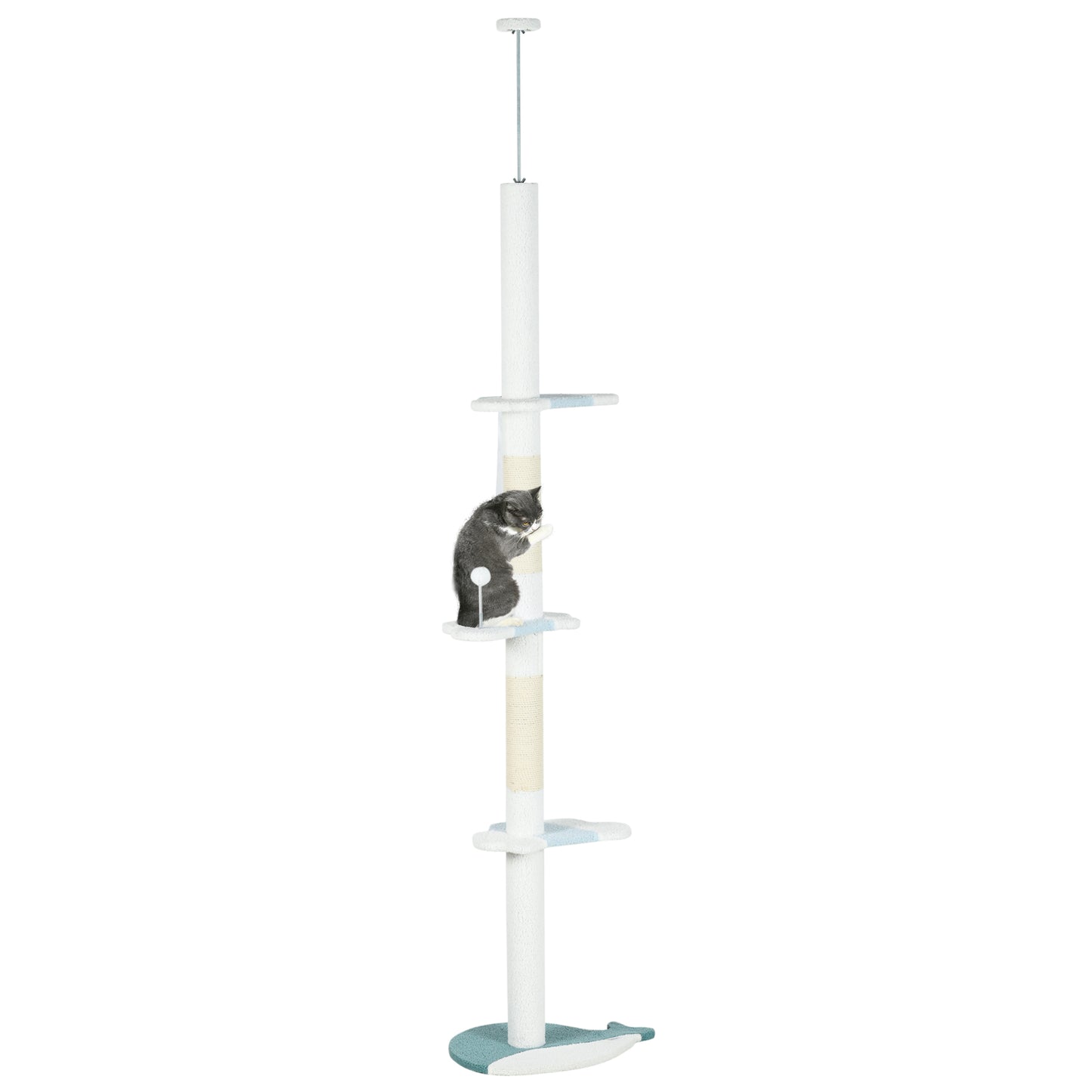 PawHut Árbol para Gatos de Suelo a Techo de 225-255 cm Torre para Gatos de Suelo a Techo Ajustable en Altura con 3 Plataforma de Forma de Ola Postes Rascadores y 1 Bola 55x38x225-255 cm Blanco