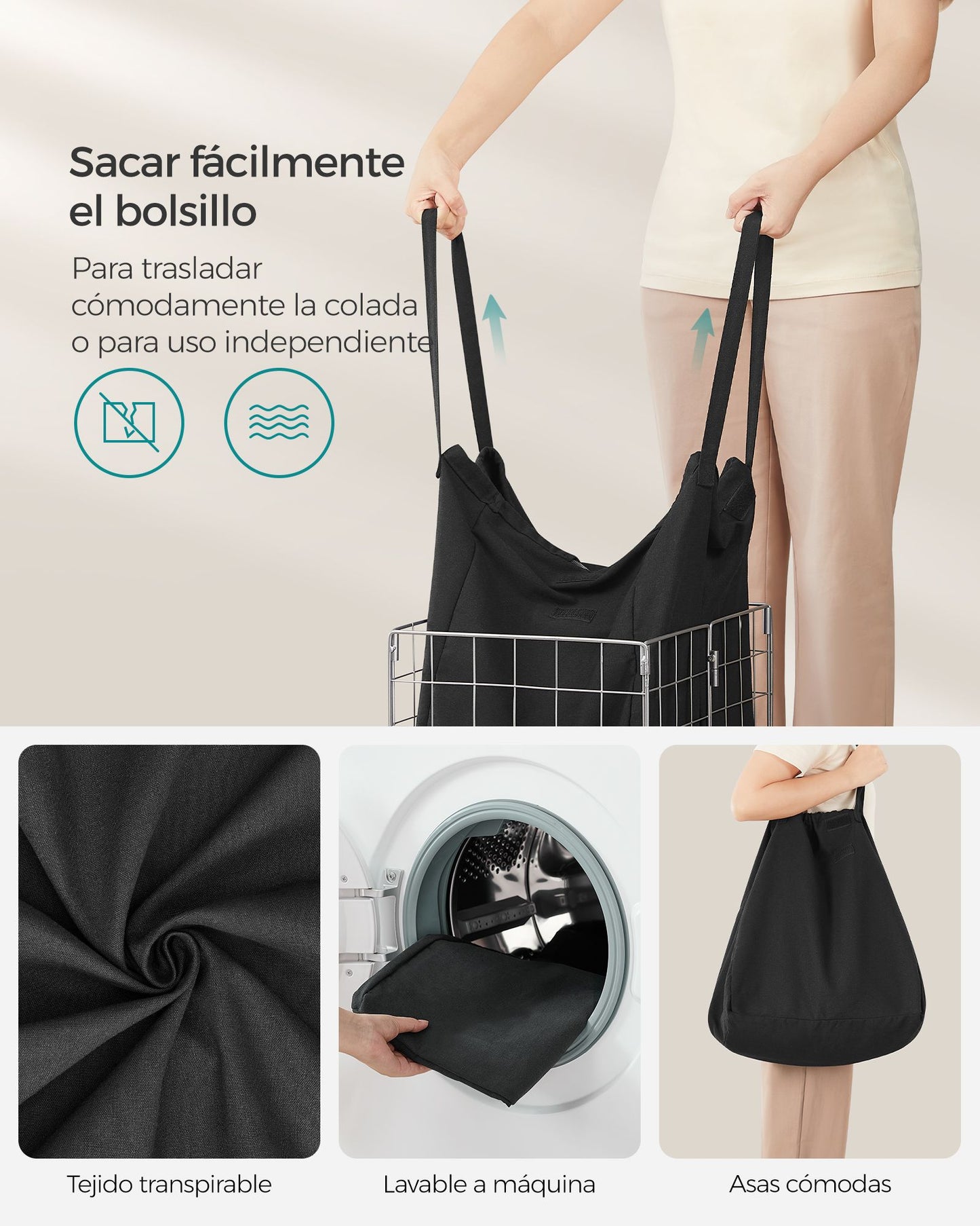 Cesto de la Ropa Sucia 50 L Plegable Plata y Negro-SONGMICS