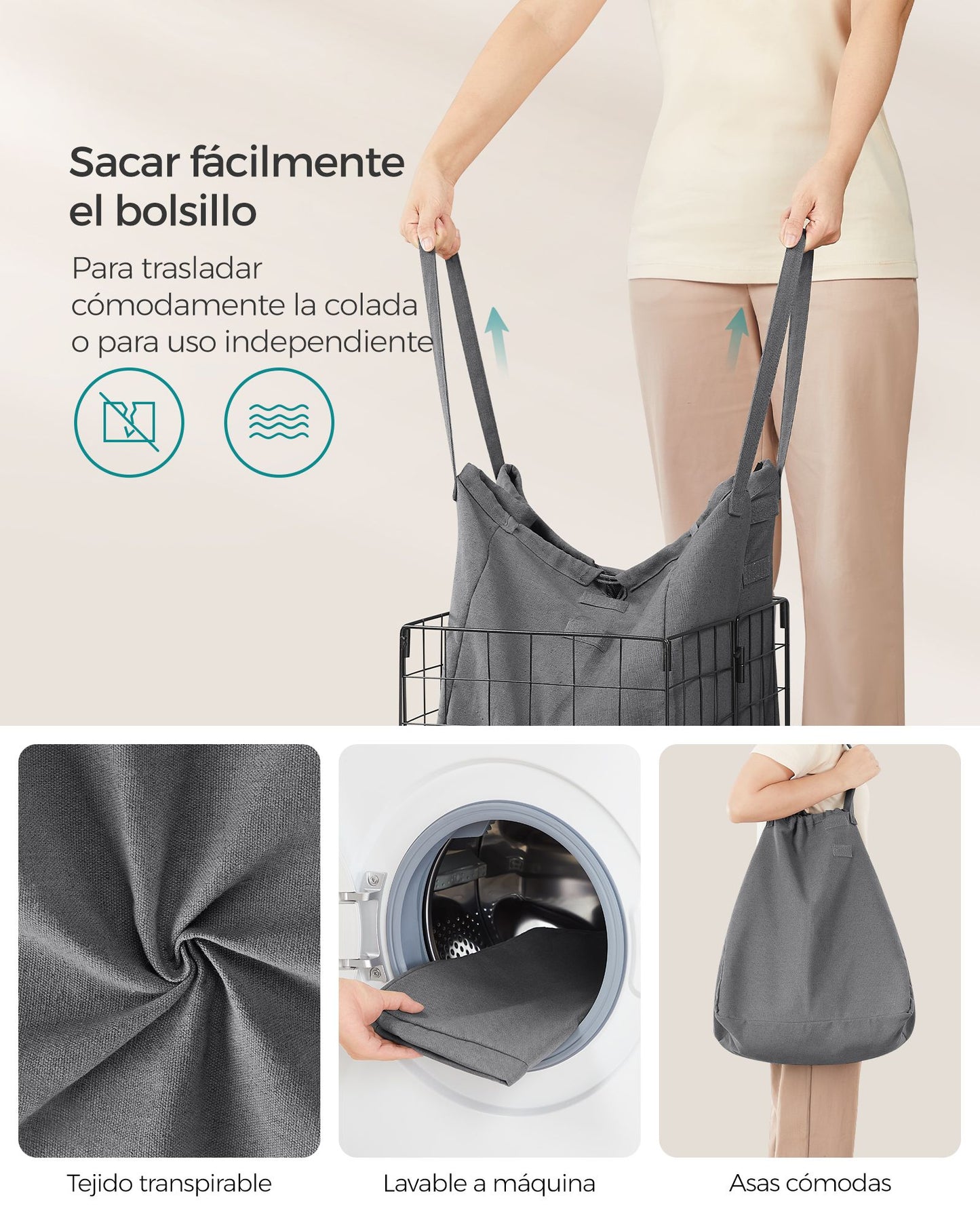 Cesto de la Ropa Sucia 50 L Plegable Negro y Gris-SONGMICS