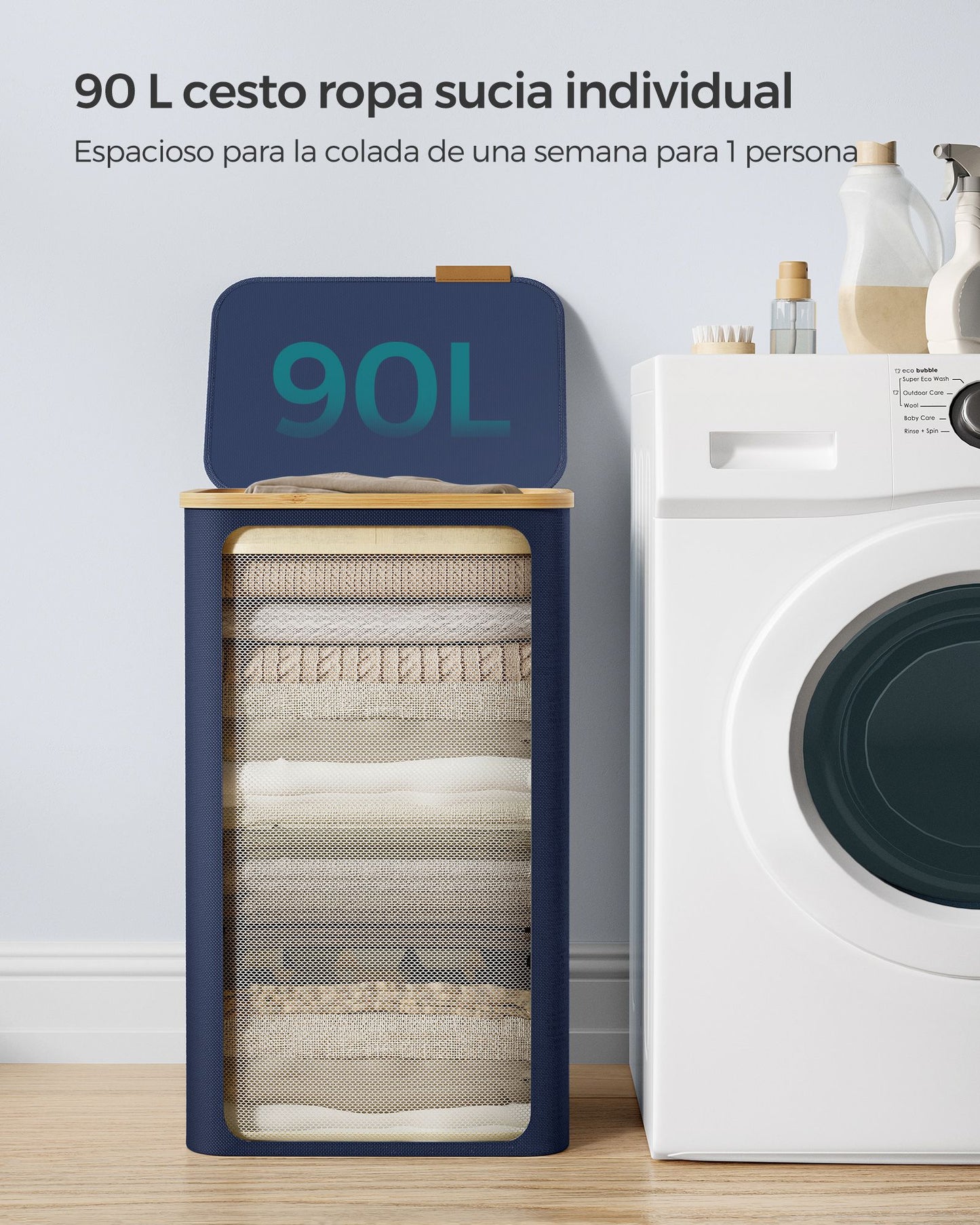 Cesto de Ropa Sucia con Tapa 90 L 42 x 32 x 70,5 cm Azul Carbón-SONGMICS