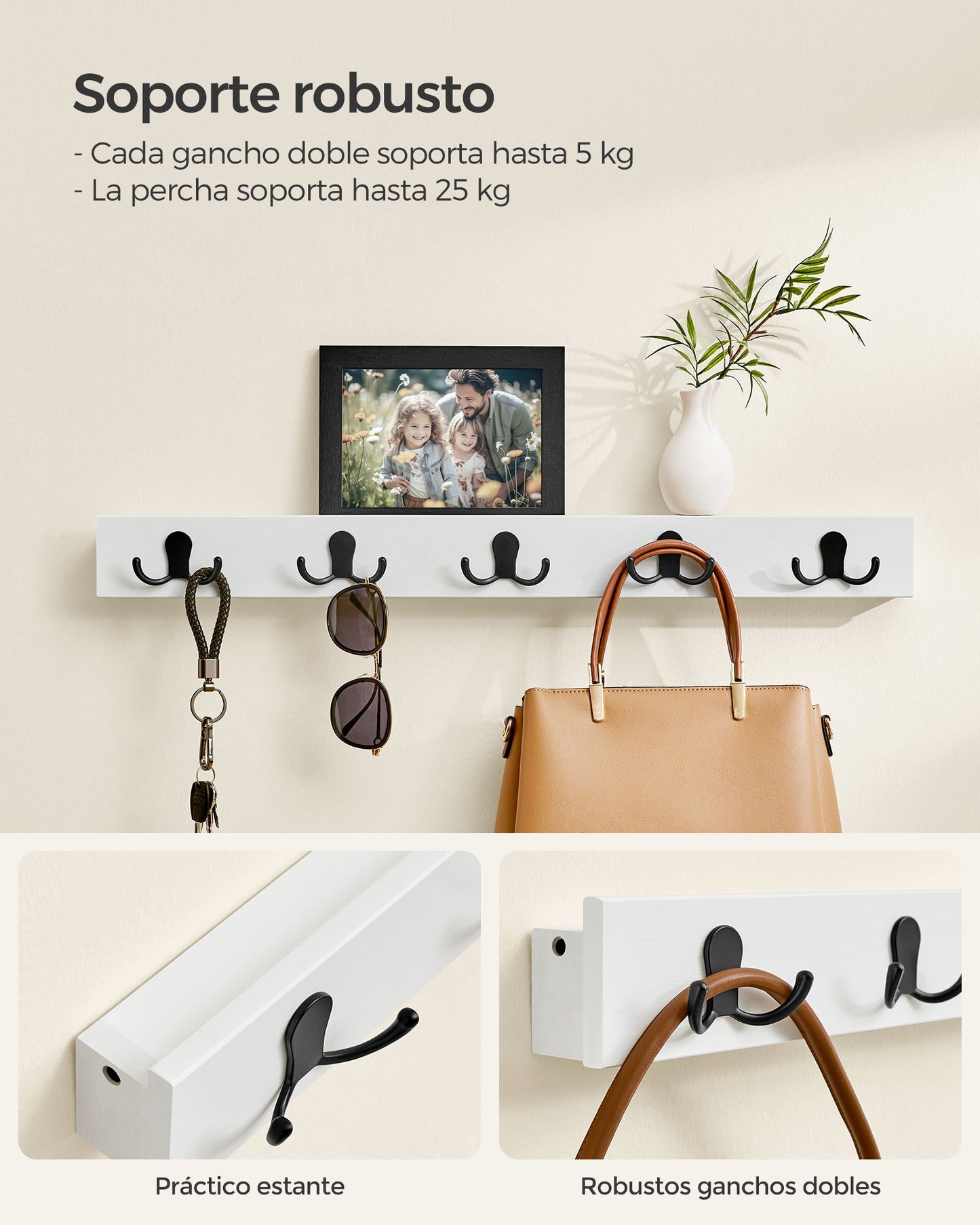 Colgador de Pared con Estante y 5 Ganchos de Metal Blanco Nube-SONGMICS