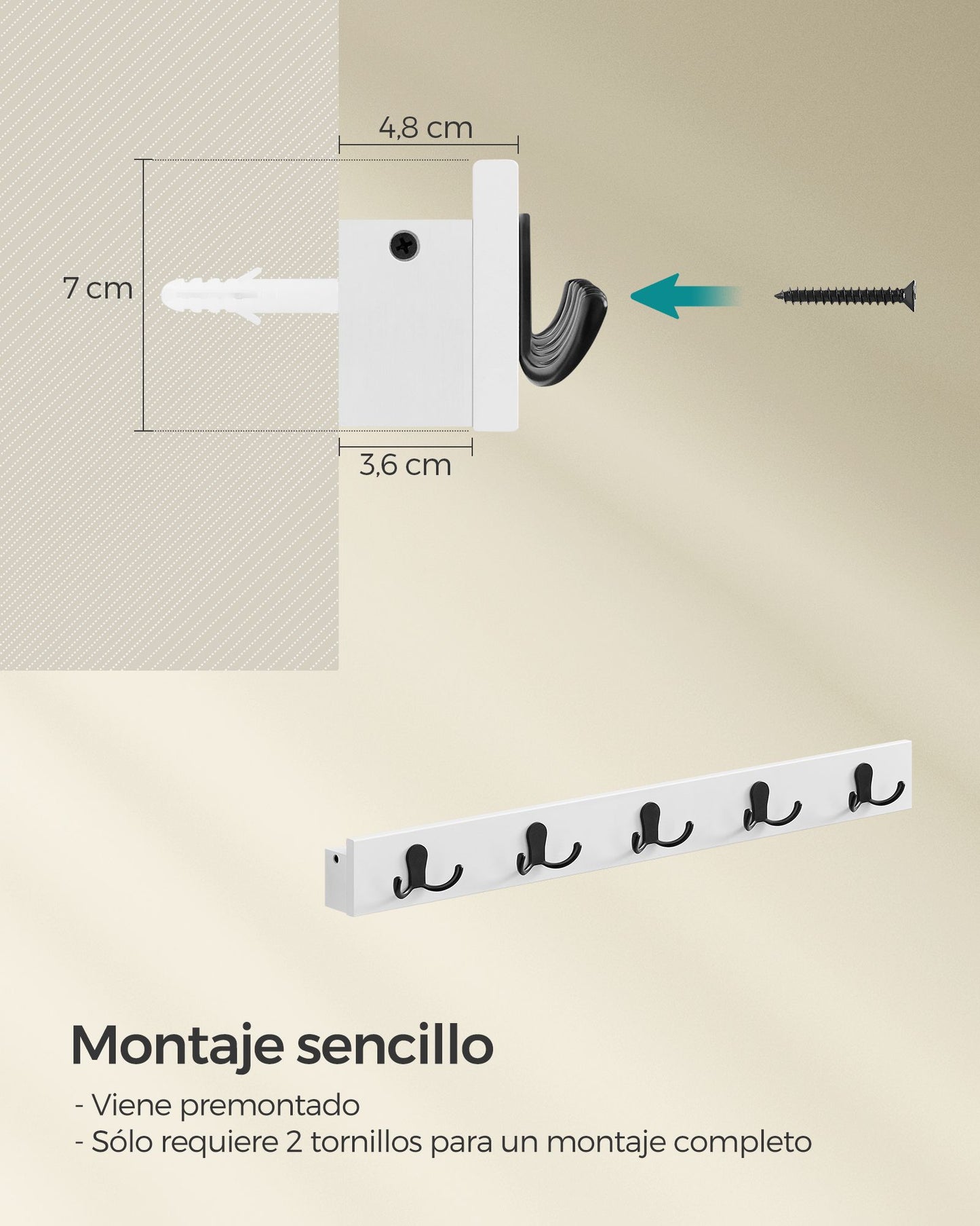 Colgador de Pared con Estante y 5 Ganchos de Metal Blanco Nube-SONGMICS