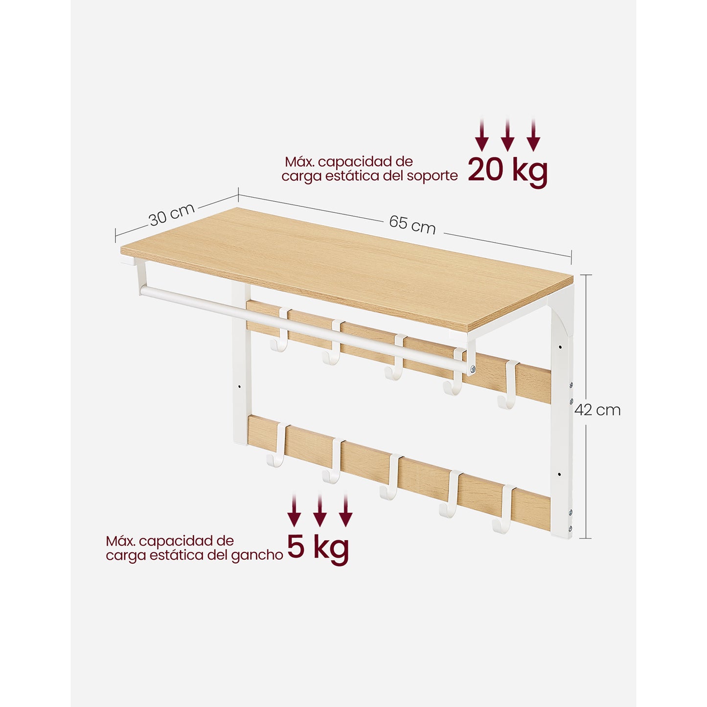 Perchero de Pared con Ganchos Roble y Blanco-VASAGLE