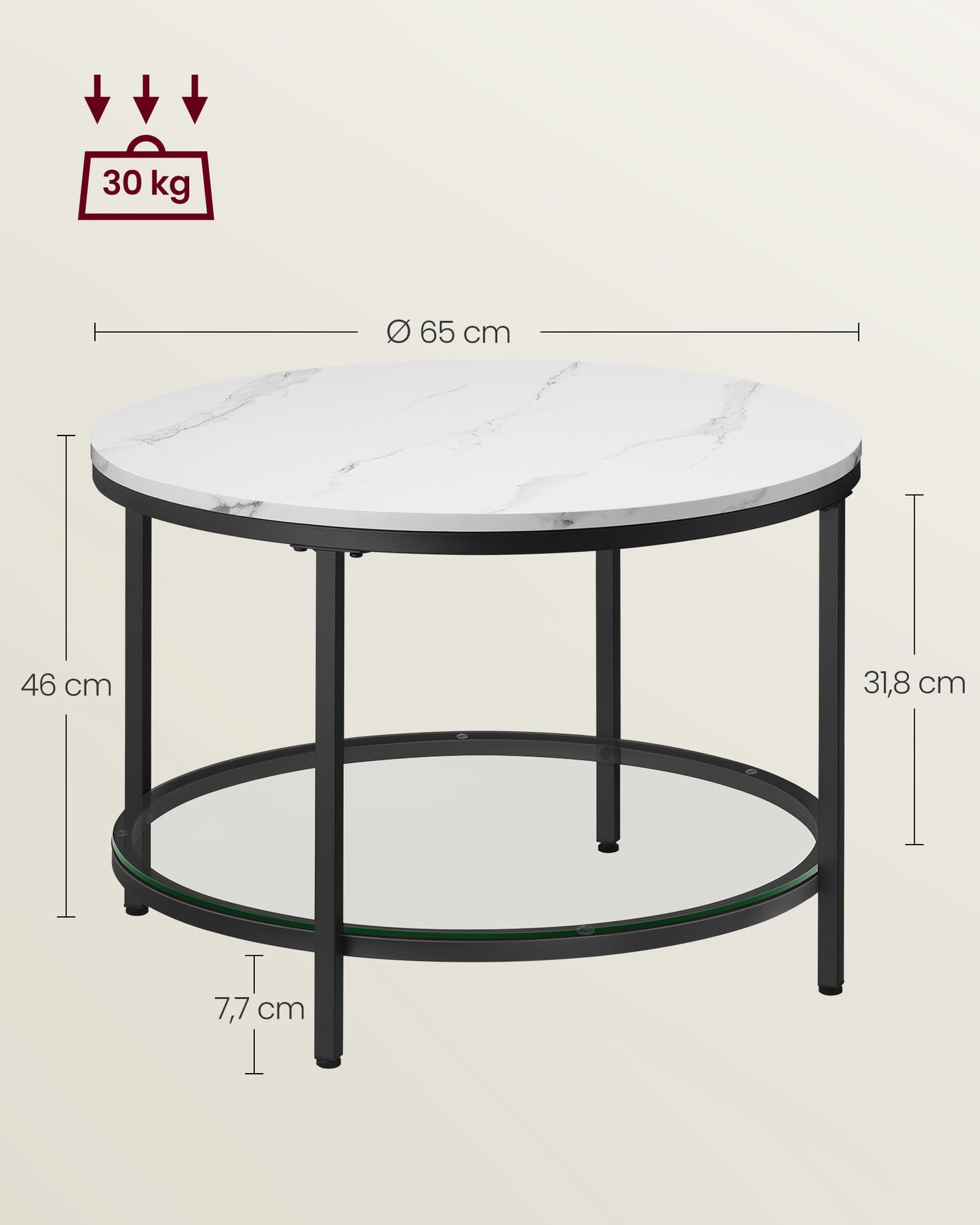 Mesa de Centro Estante de Vidrio Templado Blanco Mármol y Negro Tinta-VASAGLE