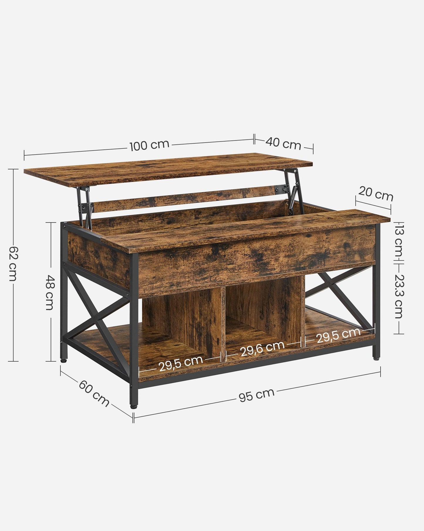 Mesa de Centro 60 x 100 x (48-62) cm Marrón Rústico y Negro-VASAGLE