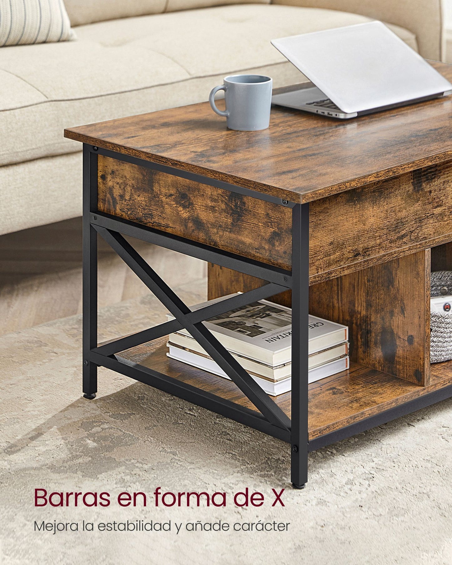 Mesa de Centro 60 x 100 x (48-62) cm Marrón Rústico y Negro-VASAGLE