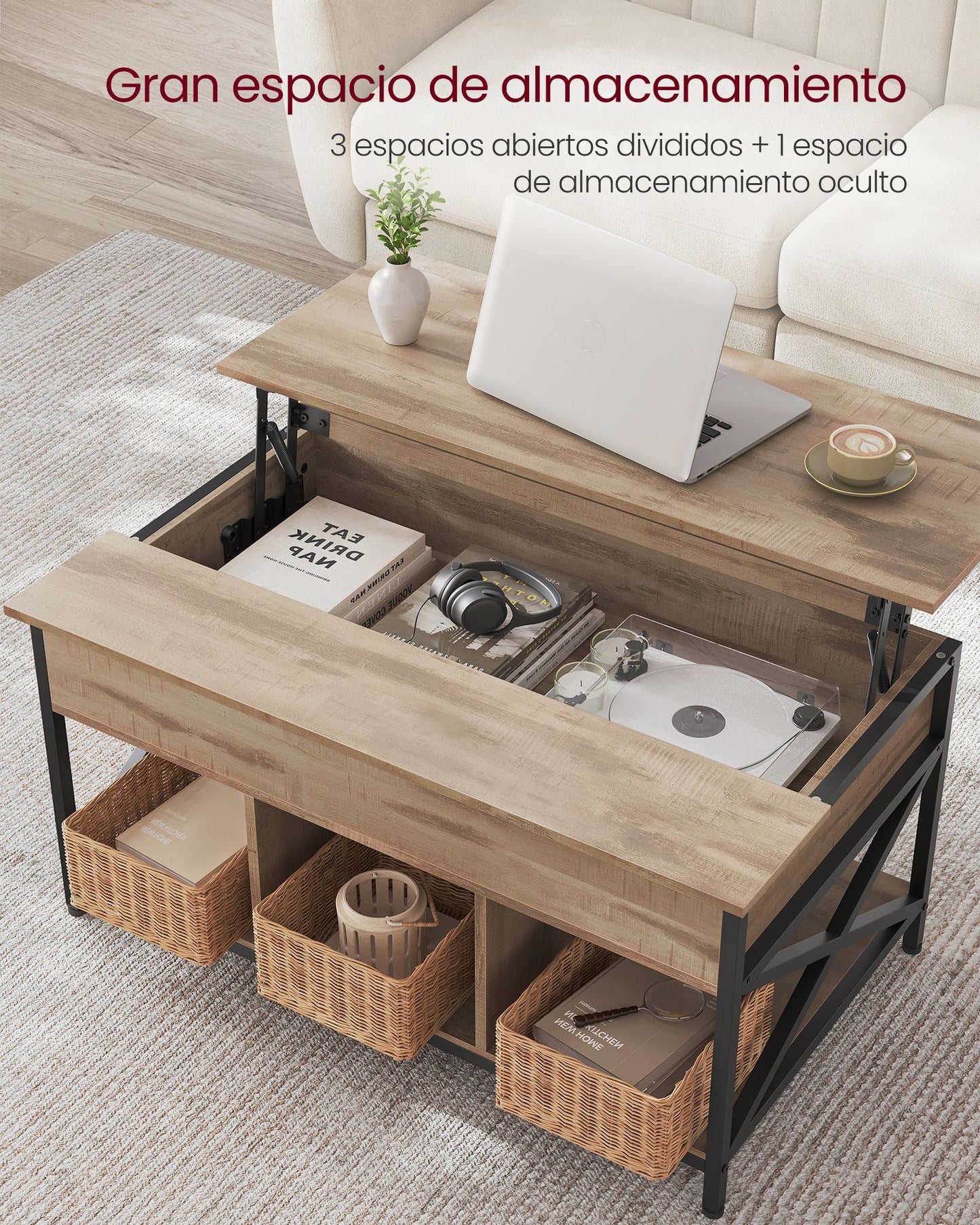 Mesa de Centro Mesa de Café con Tablero Elevable 60 x 100 x (48-62) cm-VASAGLE