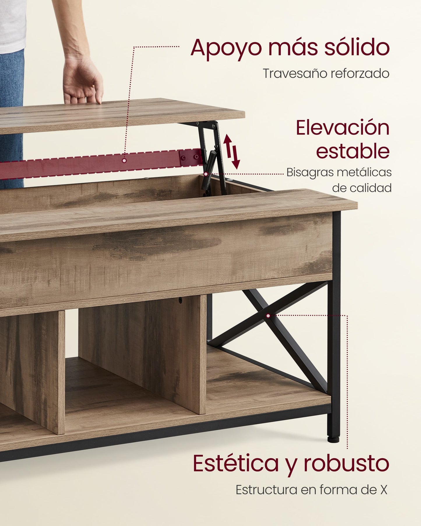 Mesa de Centro Mesa de Café con Tablero Elevable 60 x 100 x (48-62) cm-VASAGLE