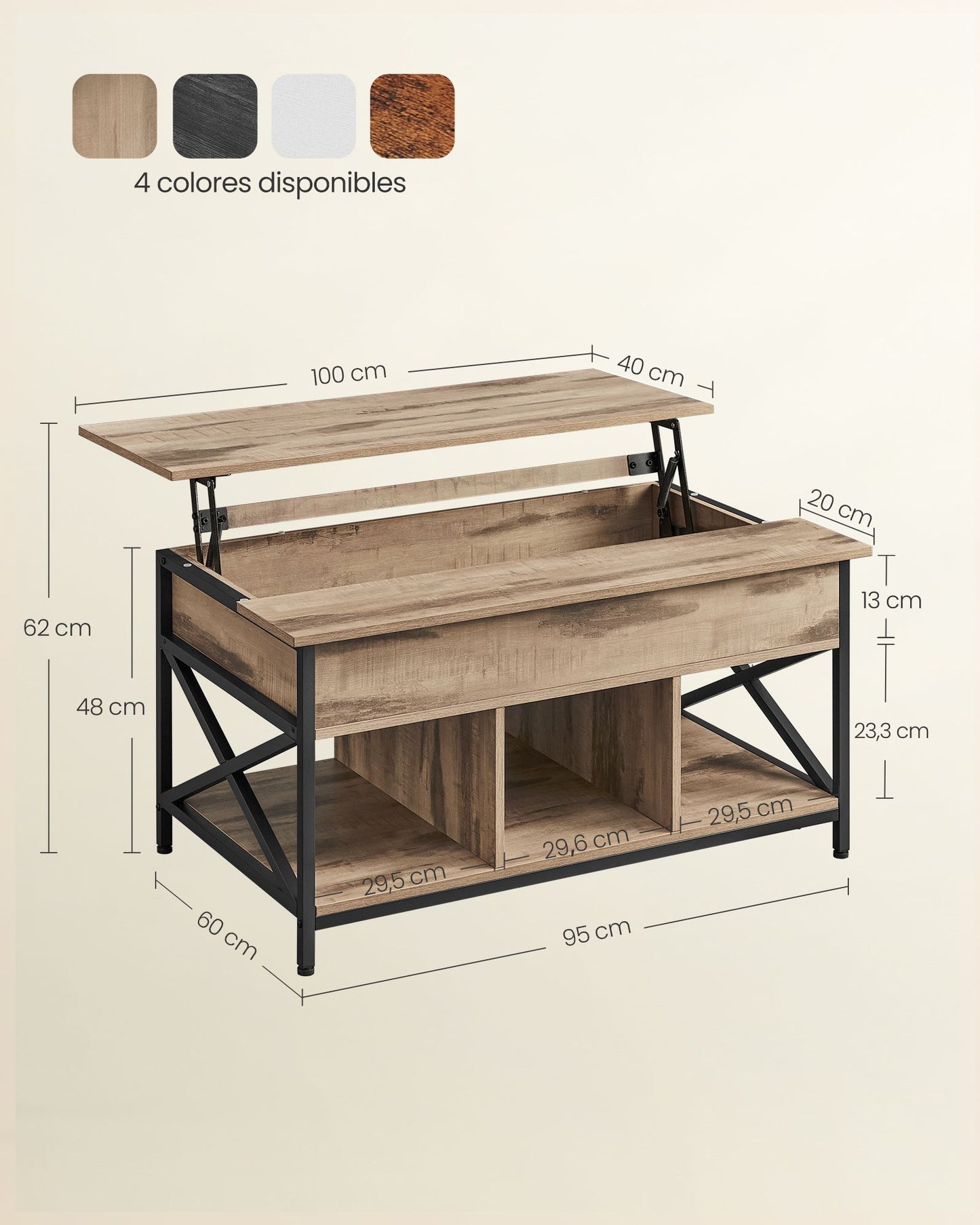 Mesa de Centro Mesa de Café con Tablero Elevable 60 x 100 x (48-62) cm-VASAGLE