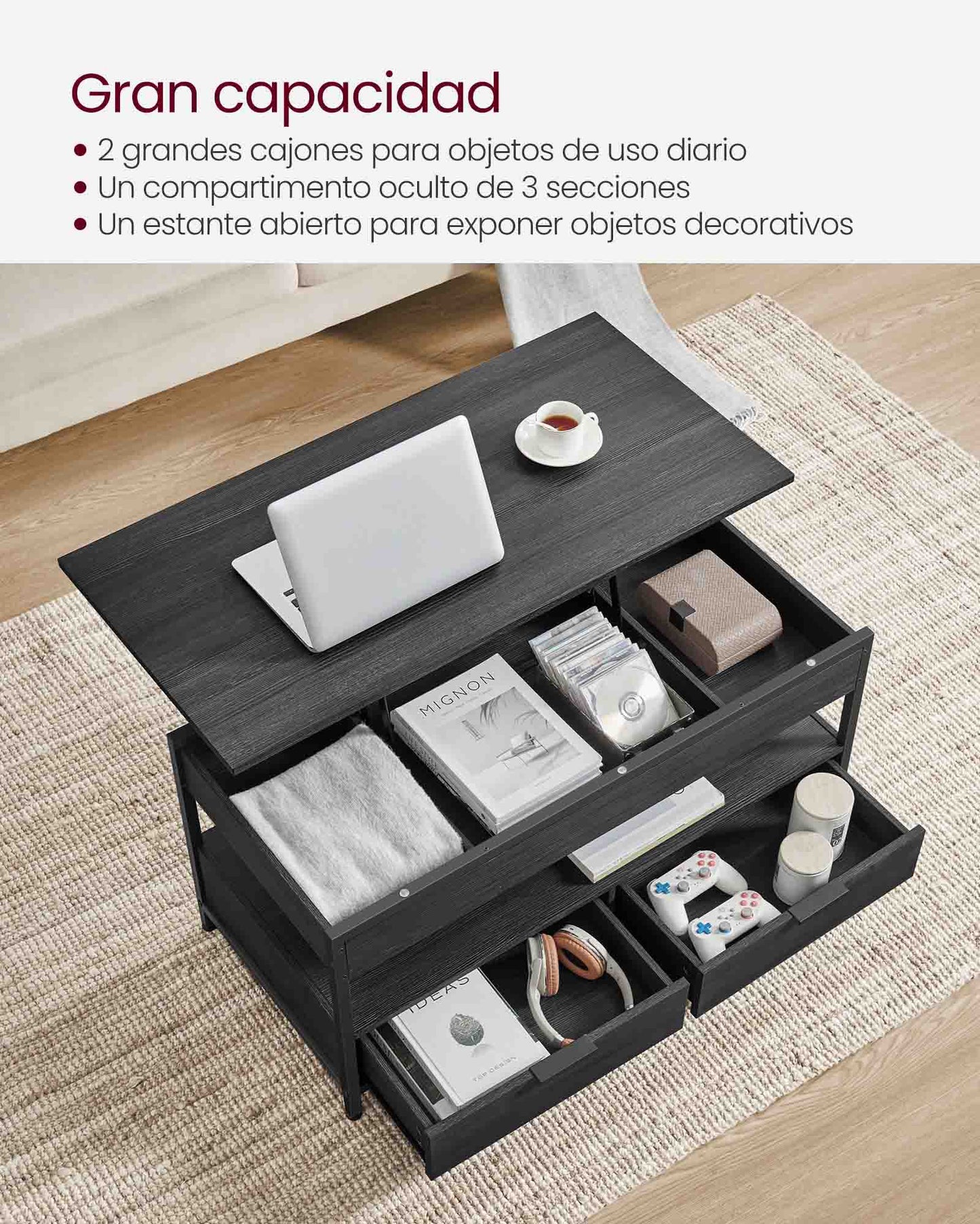 Mesa de Centro Elevable con Cajones-VASAGLE