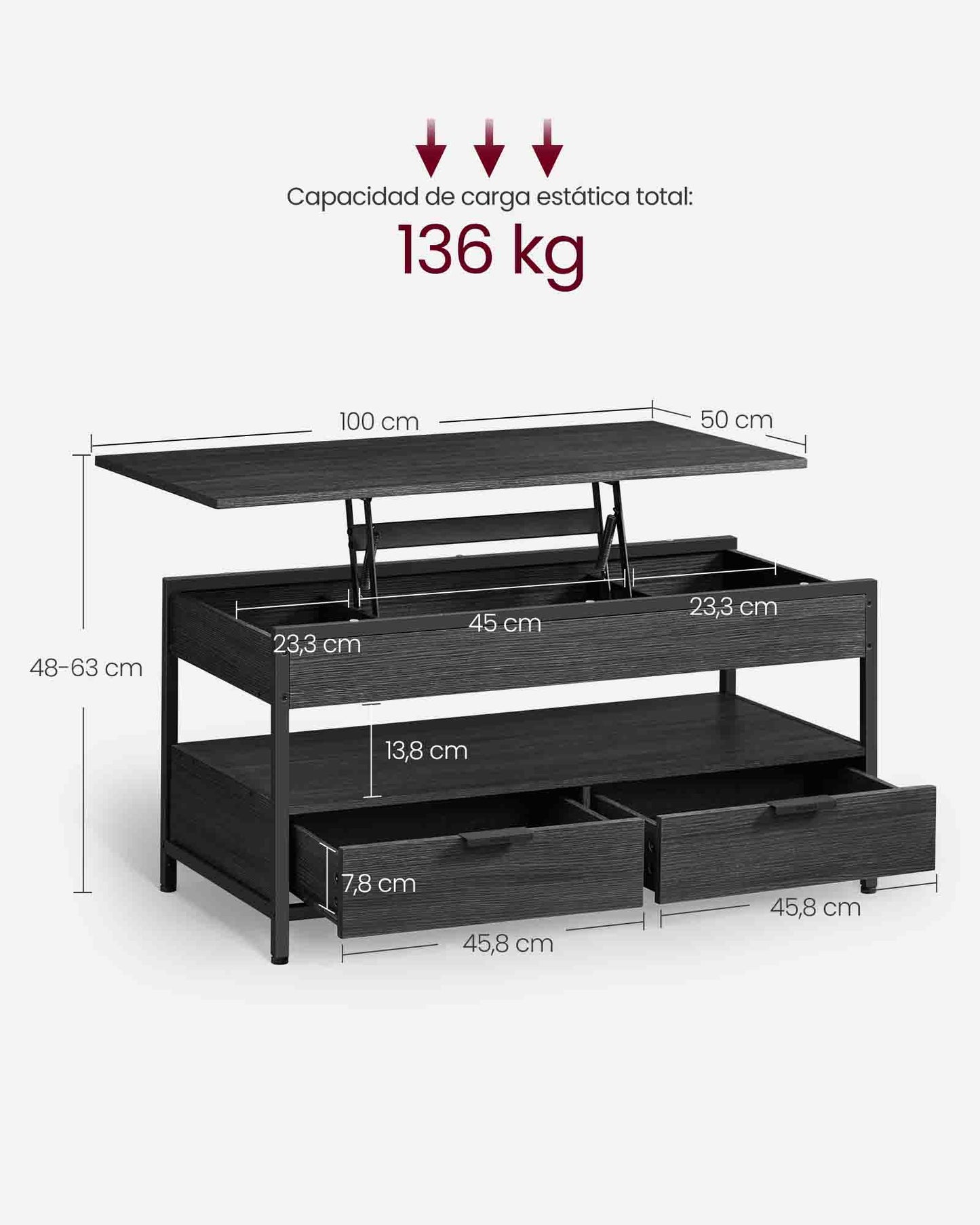 Mesa de Centro Elevable con Cajones-VASAGLE