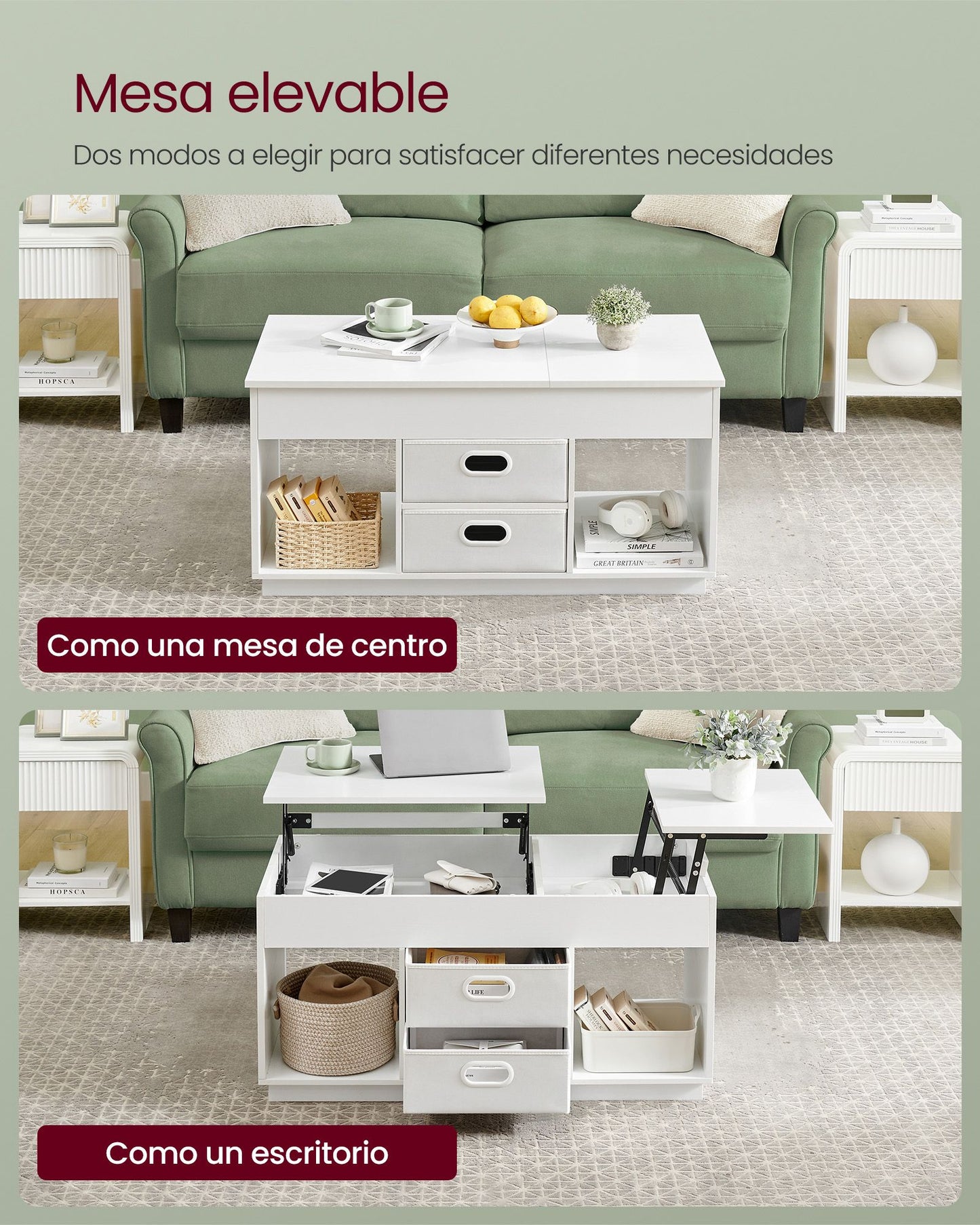 Mesa de Centro con Tablero Elevable Blanco Nieve-VASAGLE