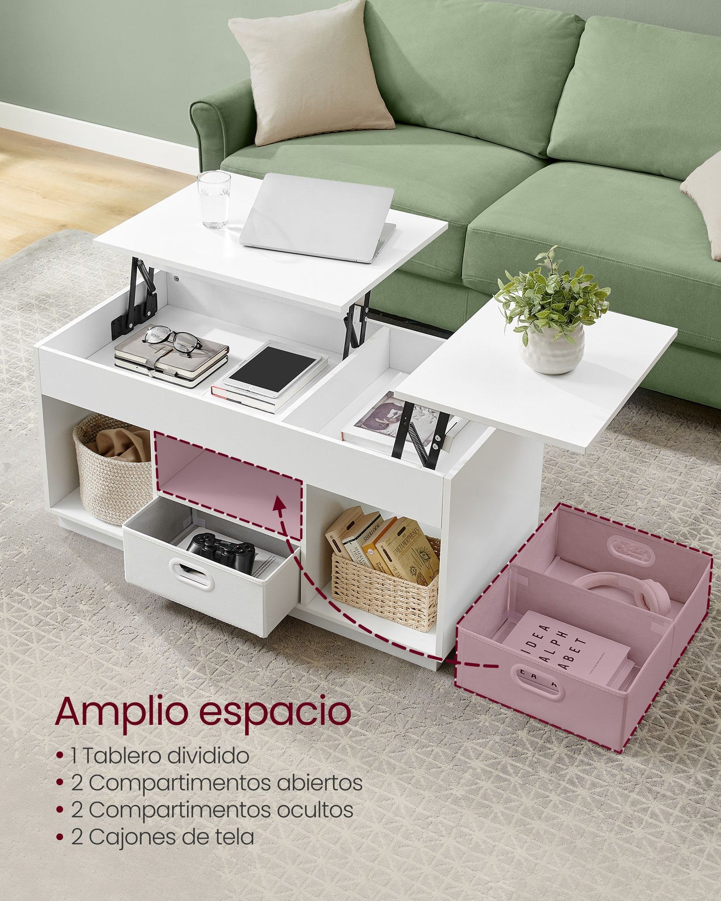 Mesa de Centro con Tablero Elevable Blanco Nieve-VASAGLE