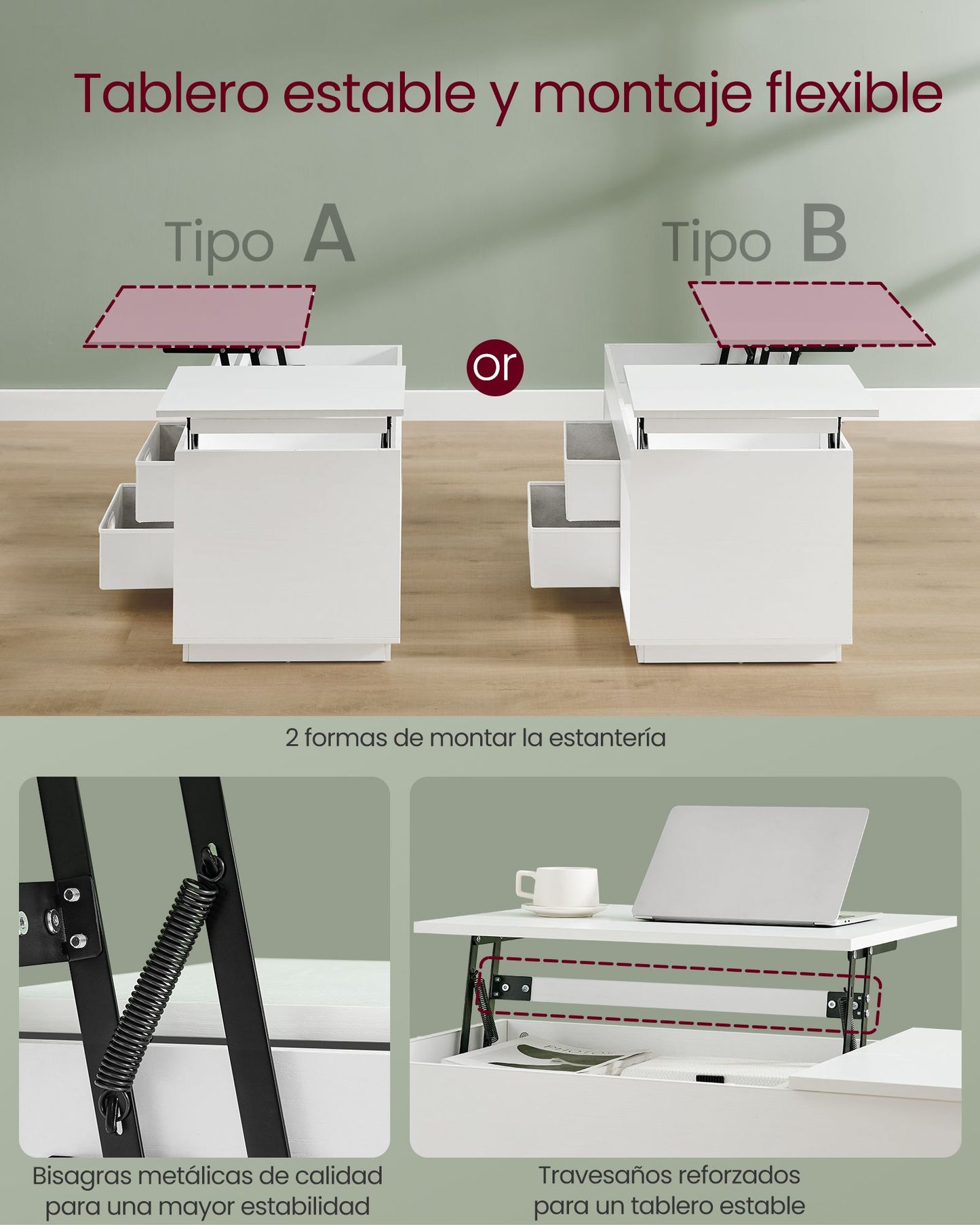 Mesa de Centro con Tablero Elevable Blanco Nieve-VASAGLE