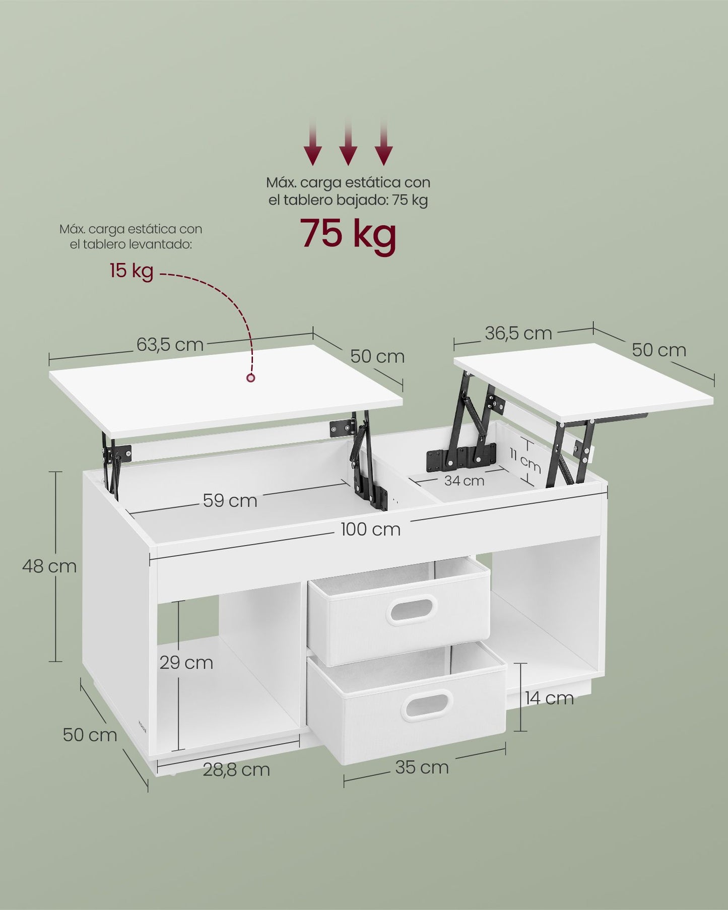 Mesa de Centro con Tablero Elevable Blanco Nieve-VASAGLE