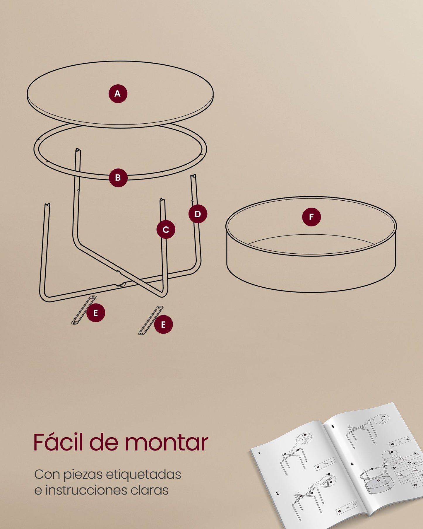 Mesa de Centro Redonda con Almacenamiento Blanco Mate y Marrón Camello-VASAGLE