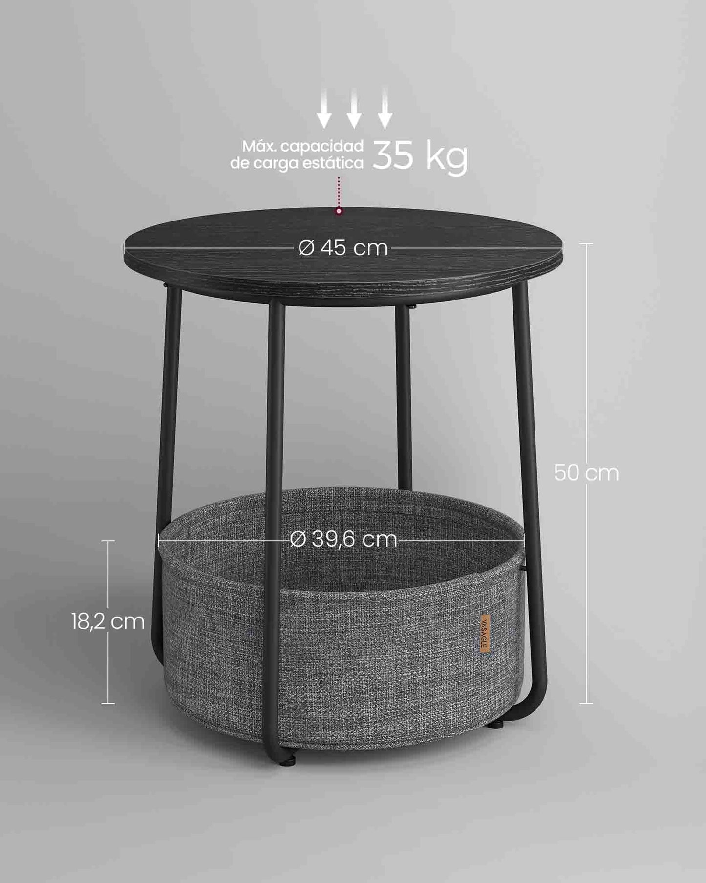 Mesa Auxiliar Redonda con Cesta de Tela Negro Ébano y Gris Pizarra-VASAGLE