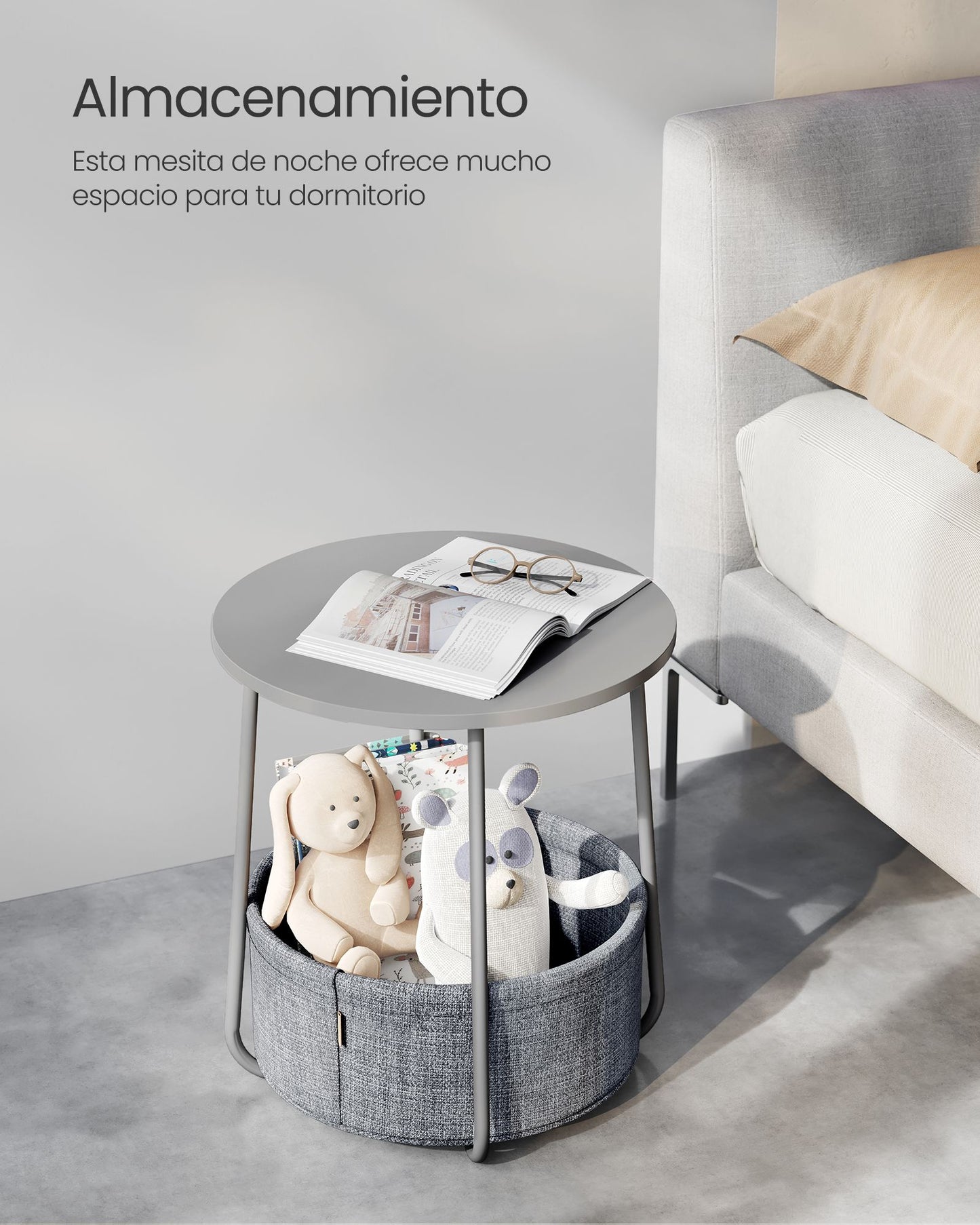 Mesa Auxiliar Redonda con Cesta de Tela Estilo Moderno Gris Paloma y Gris Pizarra-VASAGLE