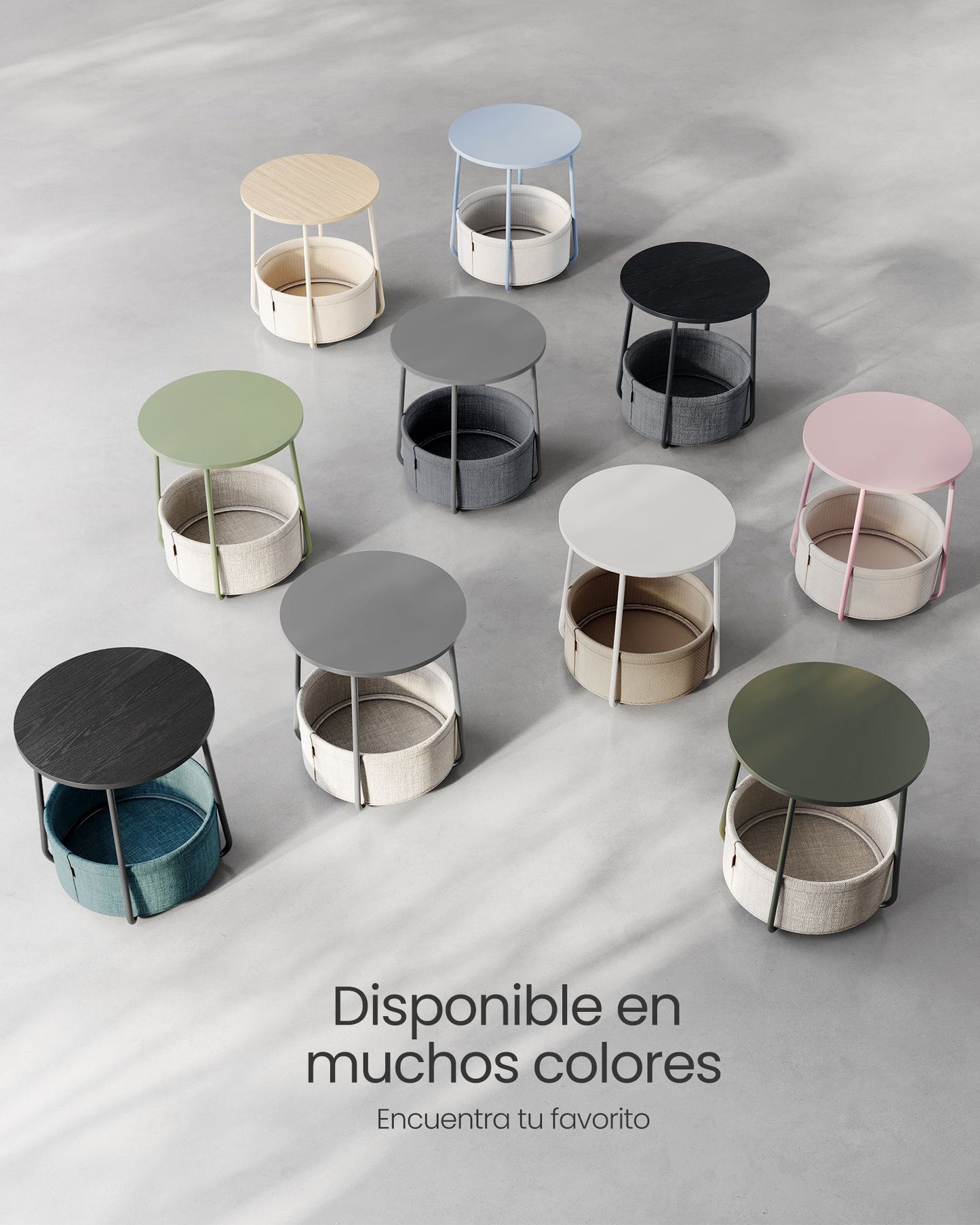 Mesa Auxiliar Redonda con Cesta de Tela Estilo Moderno Gris Paloma y Gris Pizarra-VASAGLE