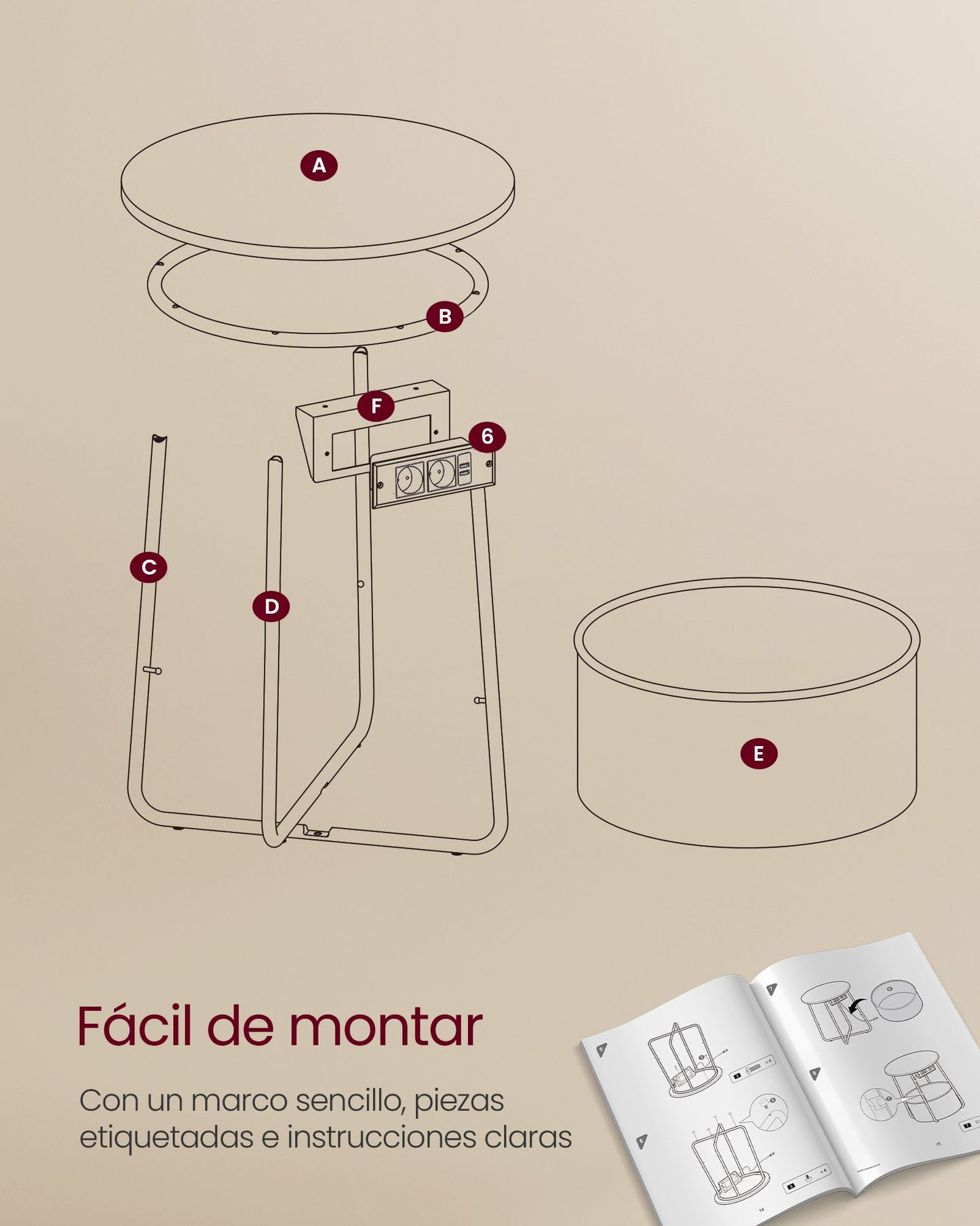 Mesa Auxiliar con Tomas de Corriente Blanco Mate y Marrón Camello-VASAGLE