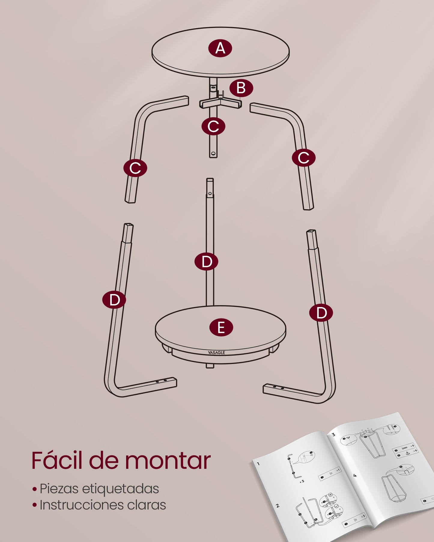 Mesa Auxiliar Redonda de 2 Niveles Blanco Mármol-VASAGLE