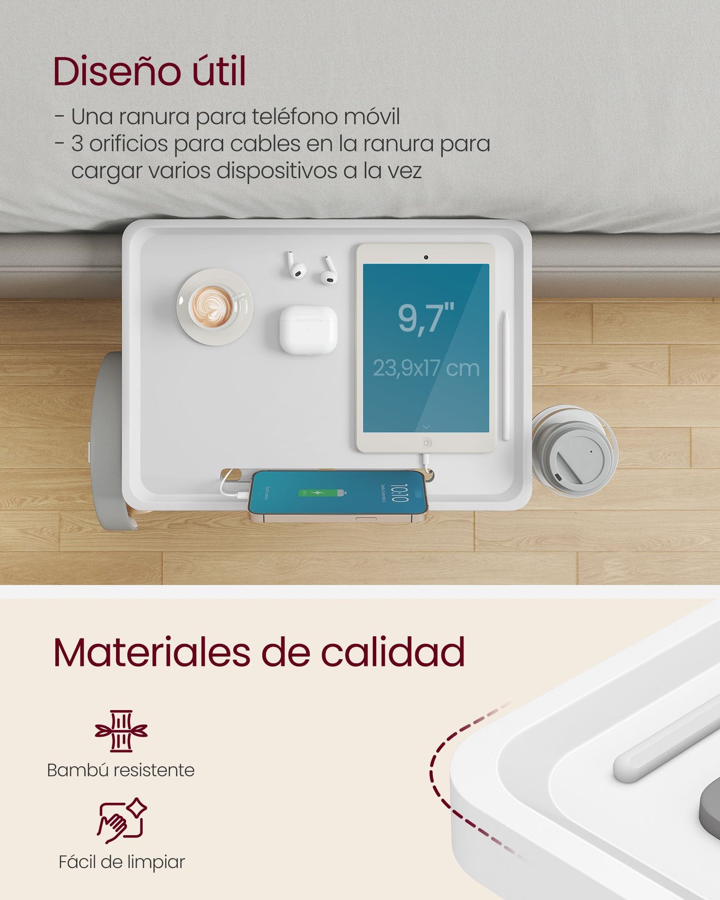 Estante de Cama Abrazaderas Ajustables Blanco Nube-VASAGLE