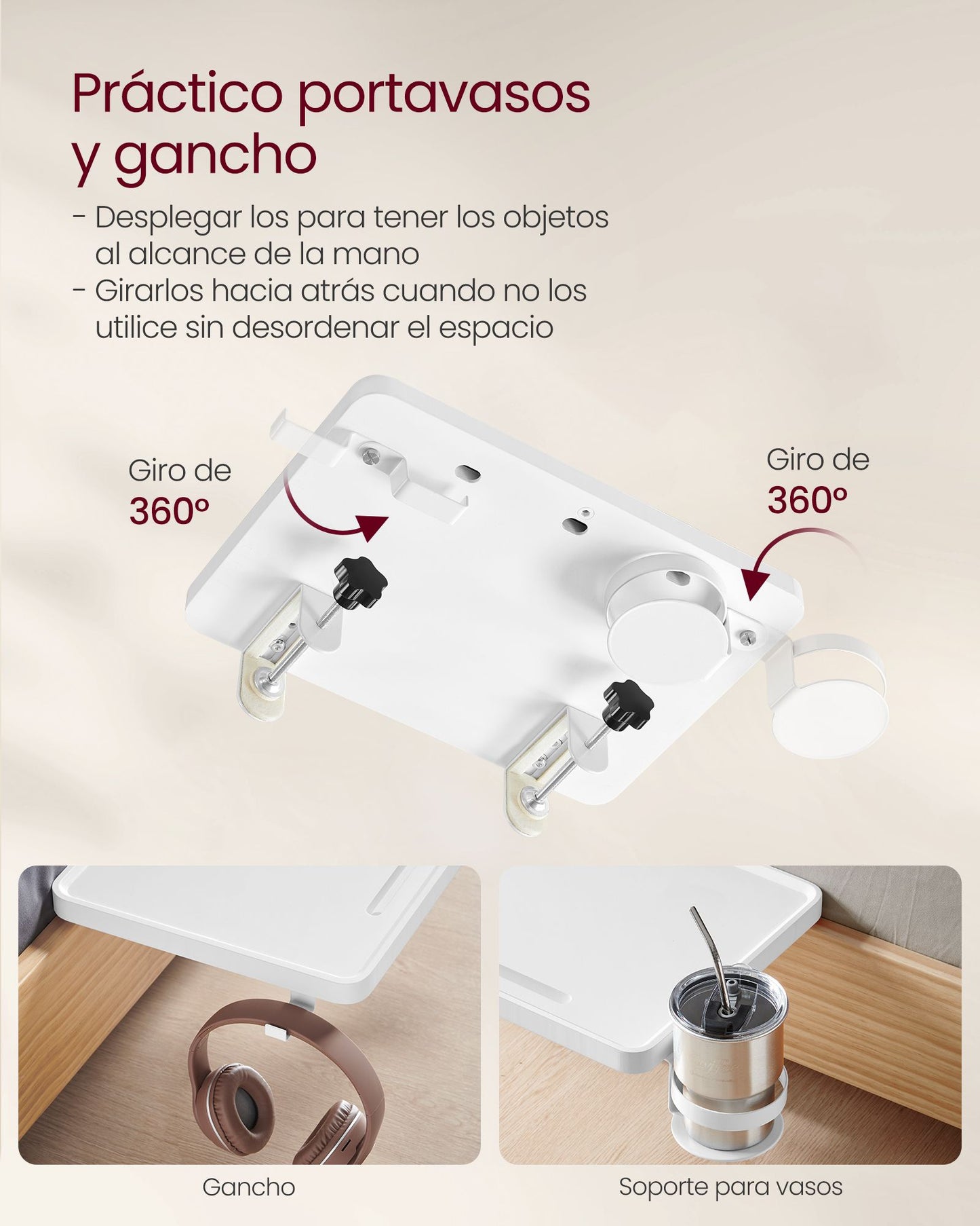 Estante de Cama Abrazaderas Ajustables Blanco Nube-VASAGLE