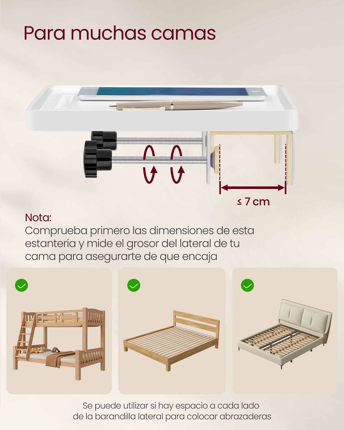 Estante de Cama Abrazaderas Ajustables Blanco Nube-VASAGLE