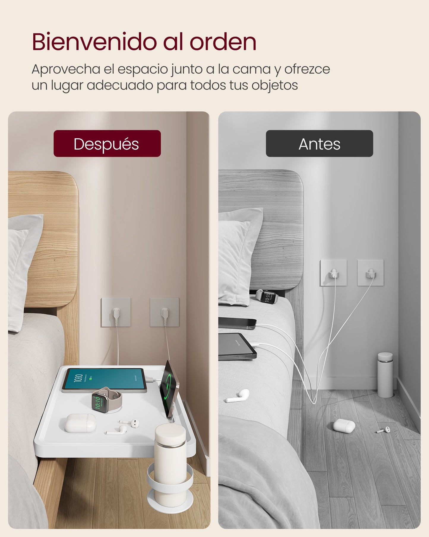 Estante de Cama Abrazaderas Ajustables Blanco Nube-VASAGLE