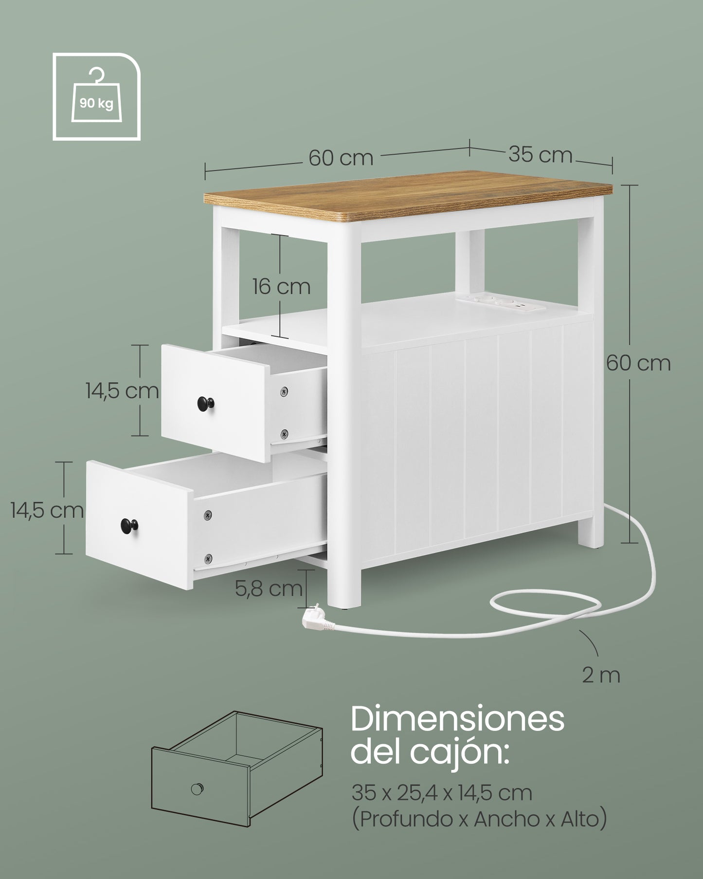 Mesa Auxiliar con 2 Cajones Marrón Nogal y Blanco-VASAGLE