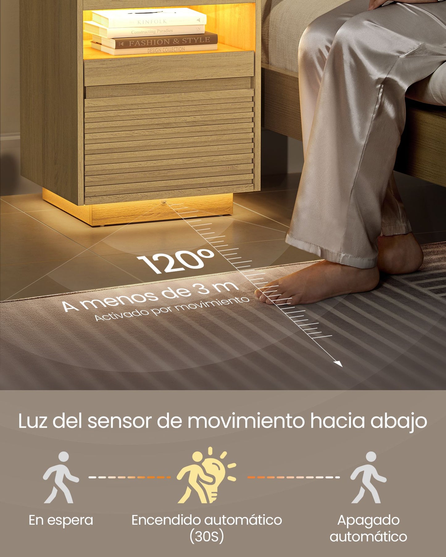 Mesita de Noche con Luz LED, Mesa Auxiliar con Cajón y Estante Extraíble, Luz Superior con 3 Pantallas, Luz Inferior con Sensor de Movimiento, para Dormitorio, Roble Natural LET614Y70-VASAGLE