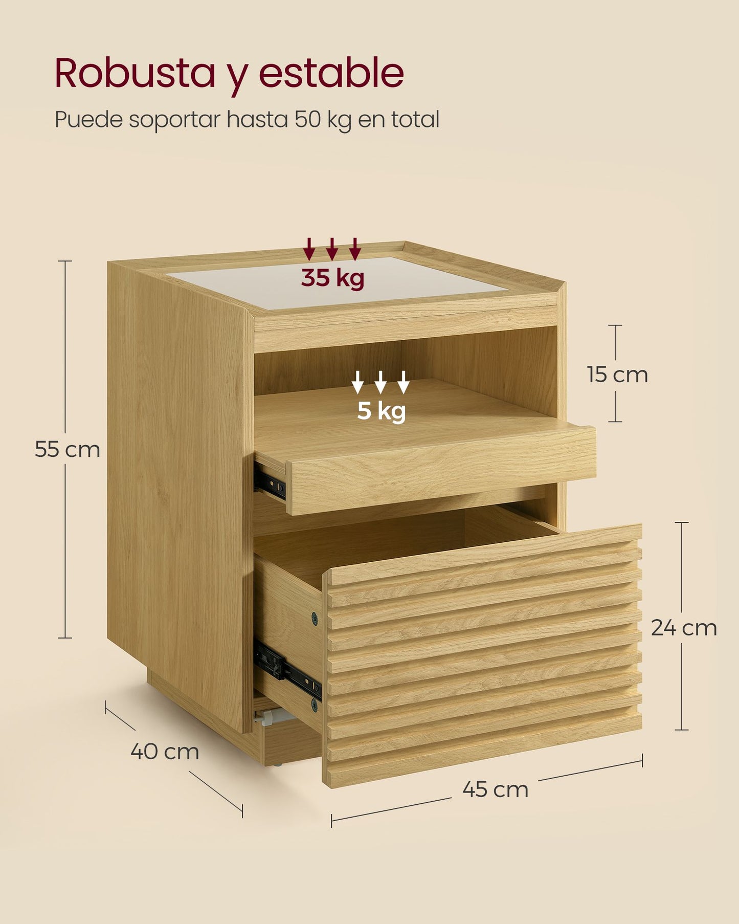 Mesita de Noche con Luz LED, Mesa Auxiliar con Cajón y Estante Extraíble, Luz Superior con 3 Pantallas, Luz Inferior con Sensor de Movimiento, para Dormitorio, Roble Natural LET614Y70-VASAGLE