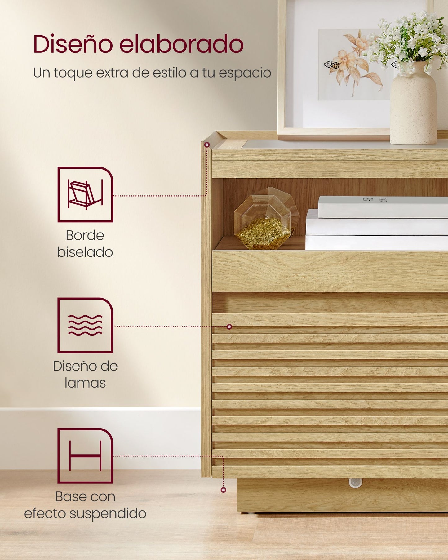 Mesita de Noche con Luz LED, Mesa Auxiliar con Cajón y Estante Extraíble, Luz Superior con 3 Pantallas, Luz Inferior con Sensor de Movimiento, para Dormitorio, Roble Natural LET614Y70-VASAGLE