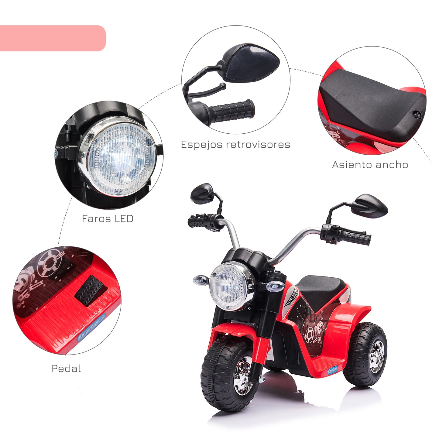 HOMCOM Moto Eléctrica Infantil con 3 Ruedas Moto Eléctrica para Niños de 18-36 Meses Triciclo a Batería 6V con Faro Bocina 72x57x56 cm Rojo