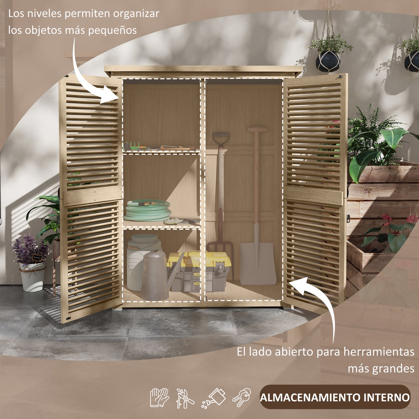 Outsunny Cobertizo de Madera 0,83 m² 127x65x168 cm Armario de Exterior de Madera con 2 Puertas de Persiana 2 Estantes 2 Asas y Techo Impermeable para Jardín Natural