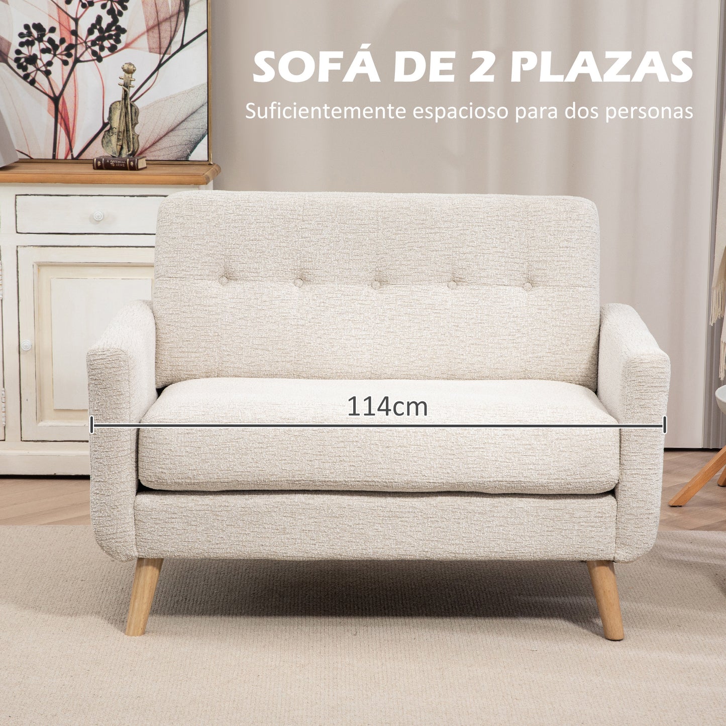 HOMCOM Sofá de 2 Plazas Tapizado en Terciopelo Sofá de Salón Moderno con Reposabrazos y Patas de Madera Carga 240 kg para Dormitorio Oficina 114x71x82 cm Beige