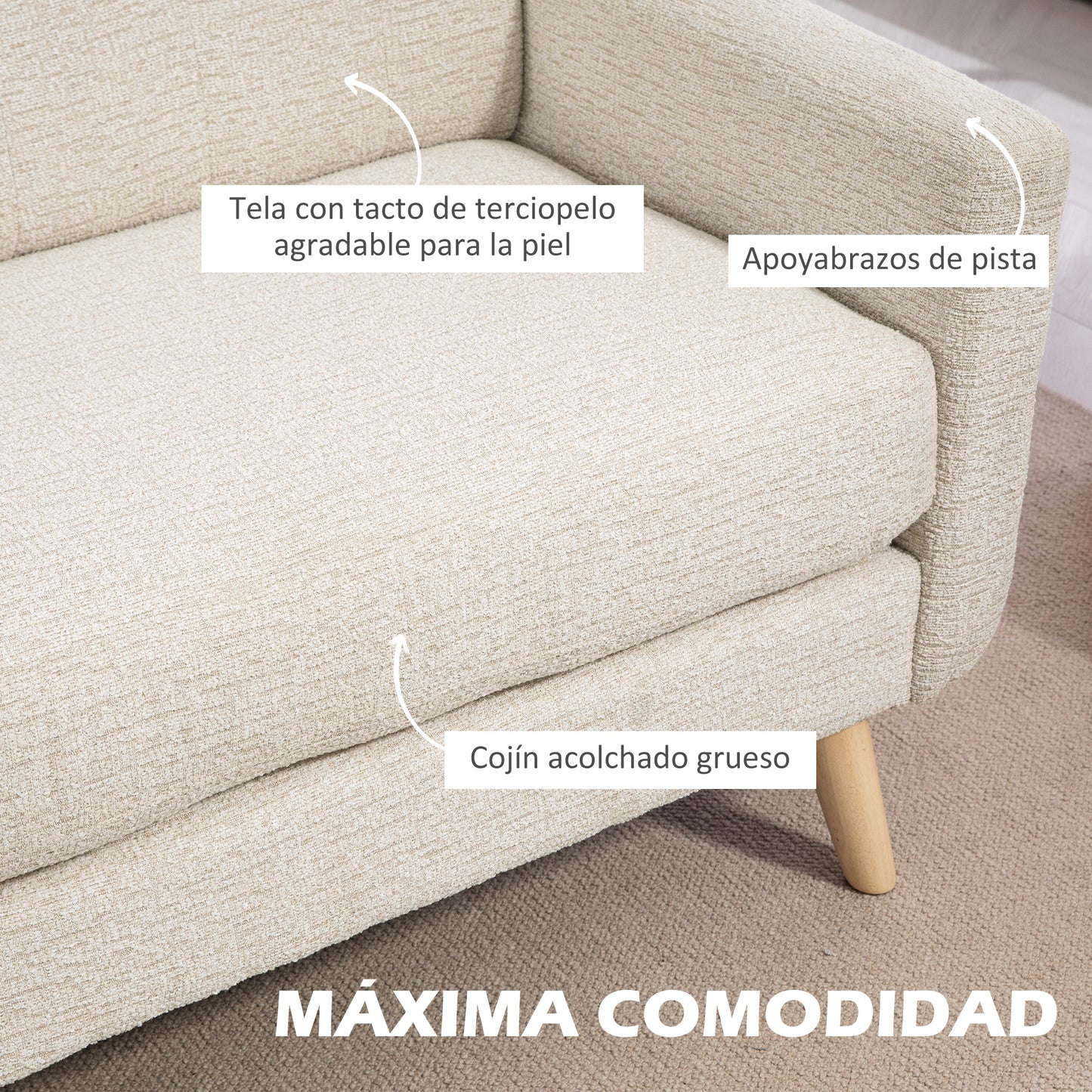 HOMCOM Sofá de 2 Plazas Tapizado en Terciopelo Sofá de Salón Moderno con Reposabrazos y Patas de Madera Carga 240 kg para Dormitorio Oficina 114x71x82 cm Beige