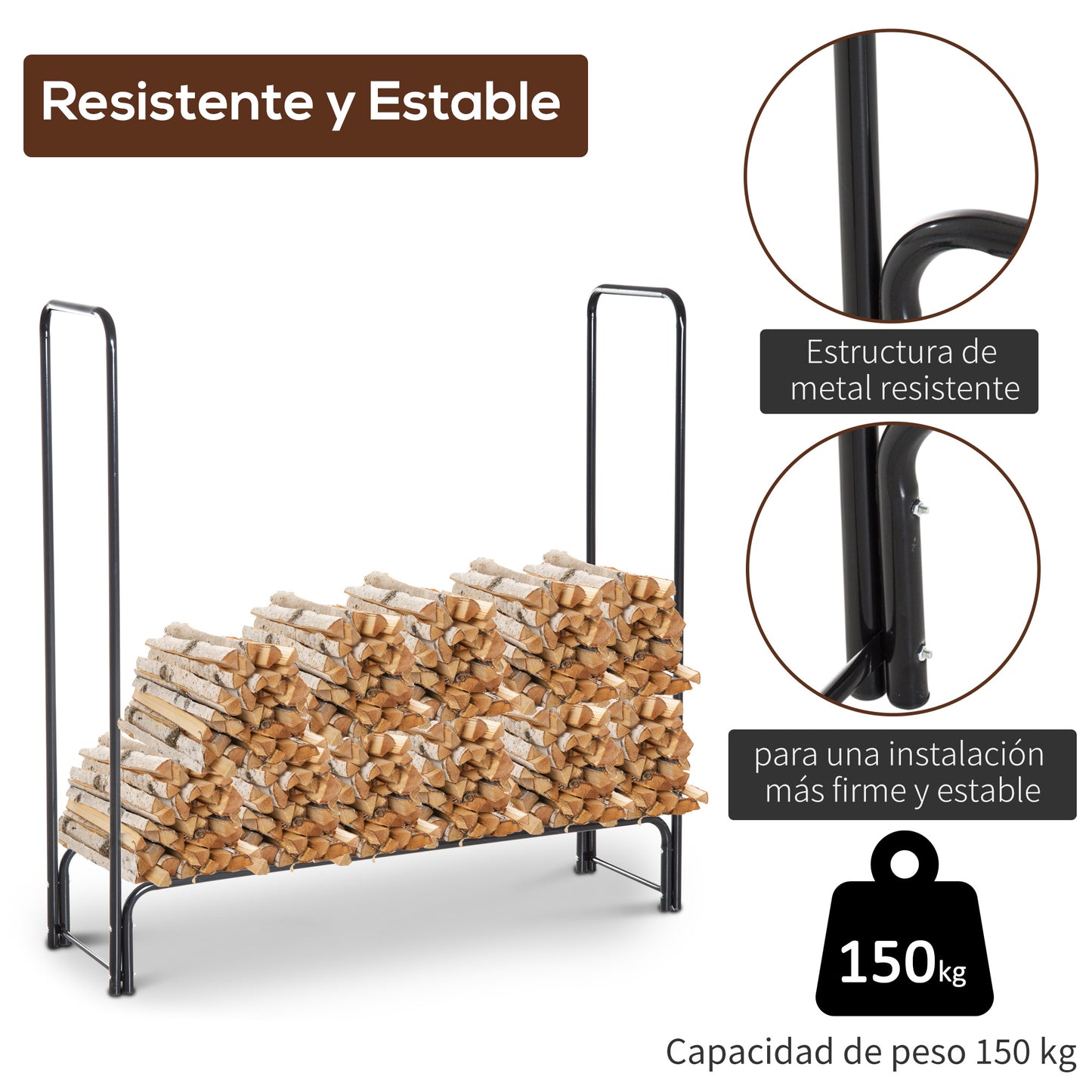 HOMCOM Estante de Leña para Chimenea 122x35x122 cm Soporte para Leña de Metal para Exterior e Interior Carga 150 kg Negro