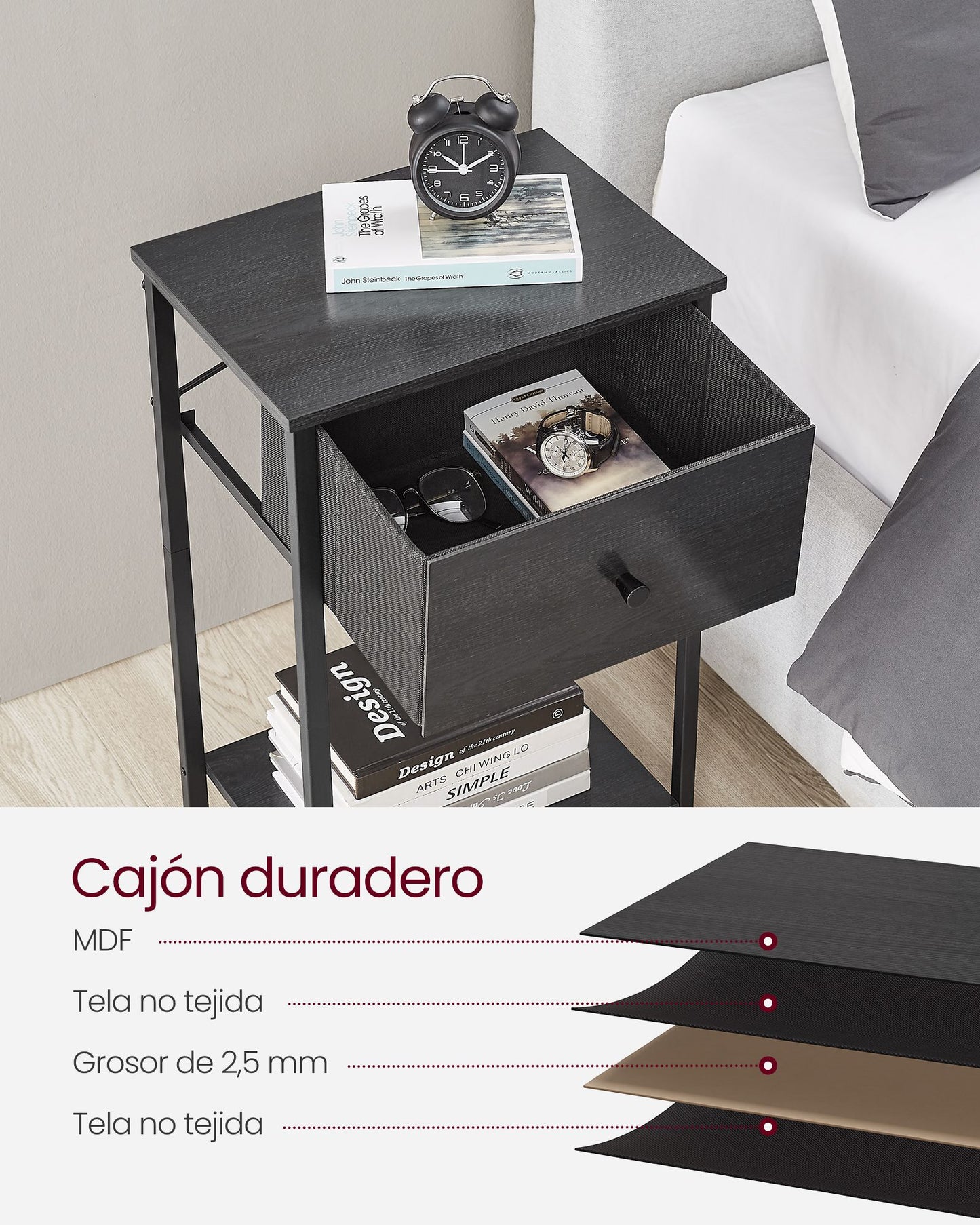 Mesita de Noche Mesa Auxiliar con Cajón de Tela Blanco-VASAGLE