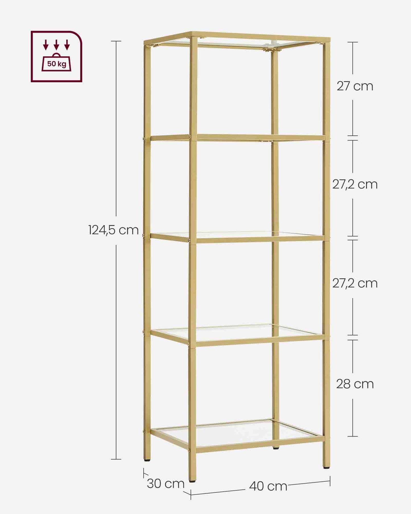 Estantería de Cristal de 5 Niveles Dorado-VASAGLE