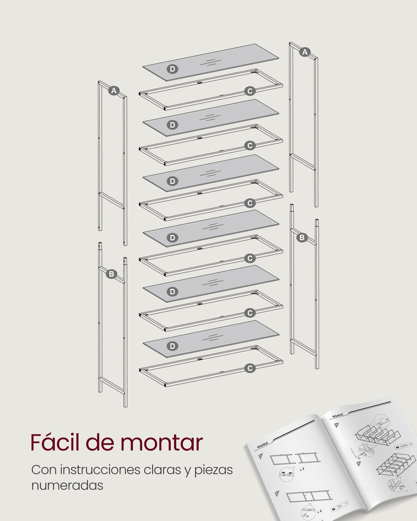 Estantería de Cristal de 6 Niveles Librería Expositor Cristal Templado-VASAGLE