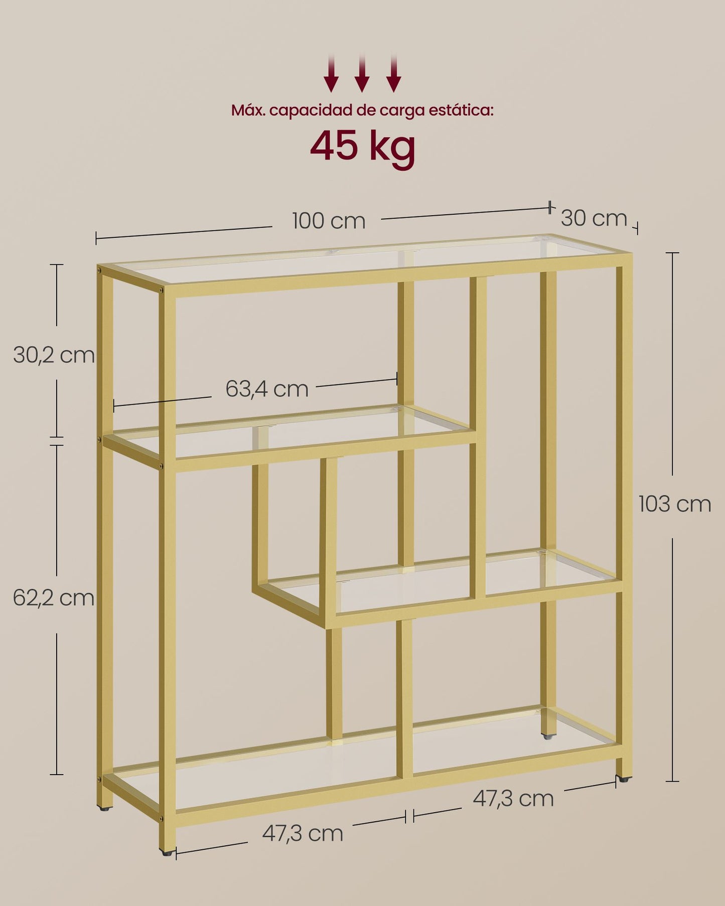 Estantería de 4 Niveles 30 x 100 x 103 cm Transparente y Dorado Pálido-VASAGLE