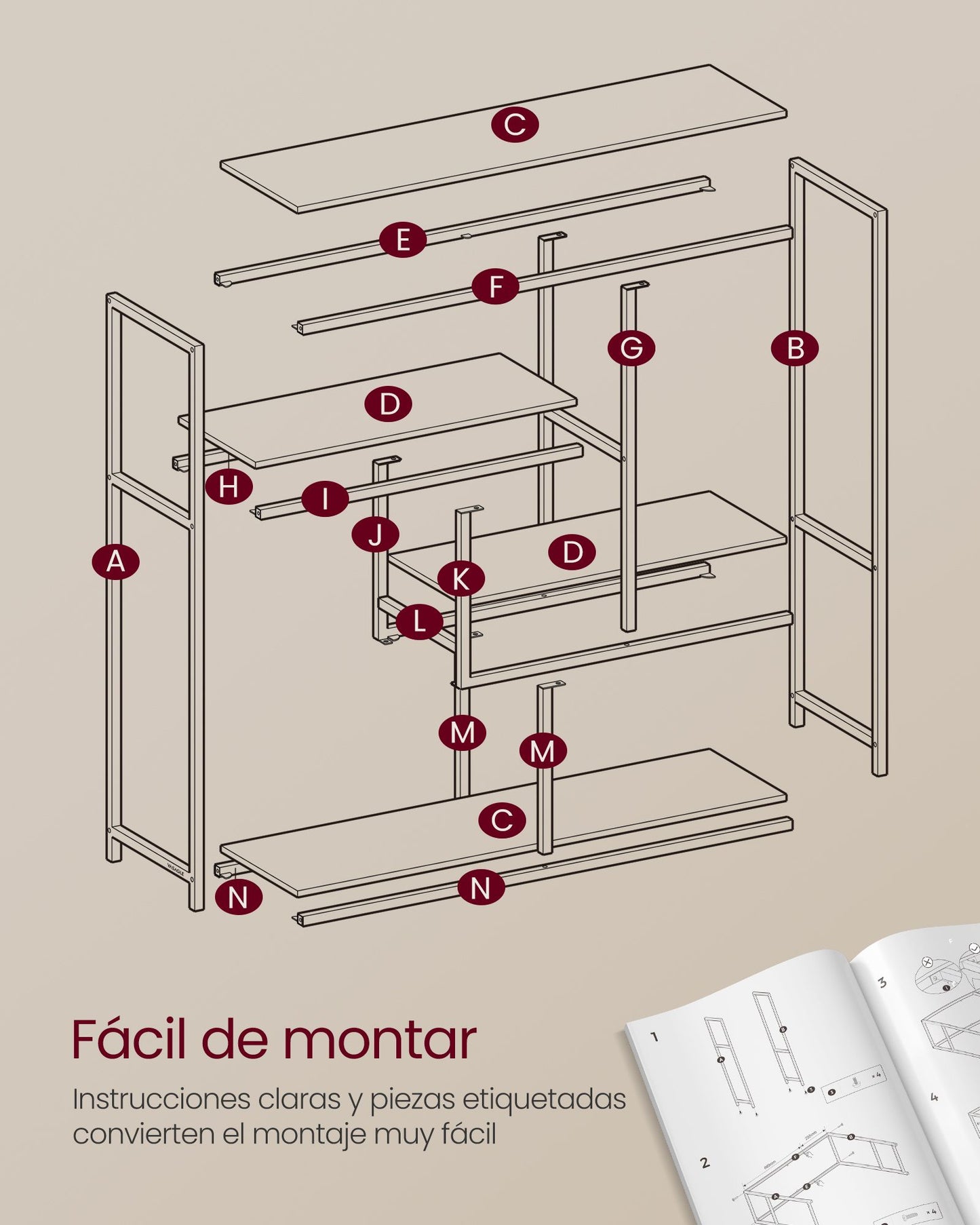 Estantería de 4 Niveles 30 x 100 x 103 cm Transparente y Dorado Pálido-VASAGLE