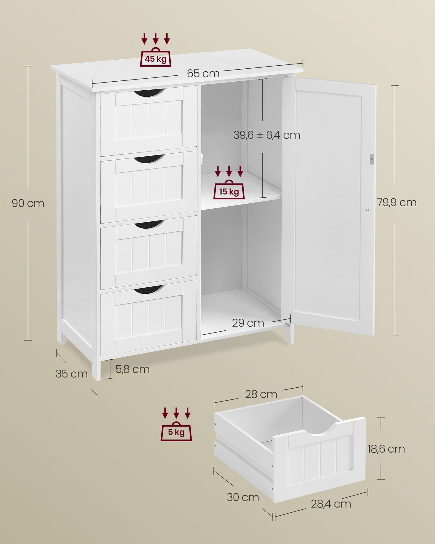 Armario de Baño Estante Ajustable 35 x 65 x 90 cm Blanco Nube-VASAGLE