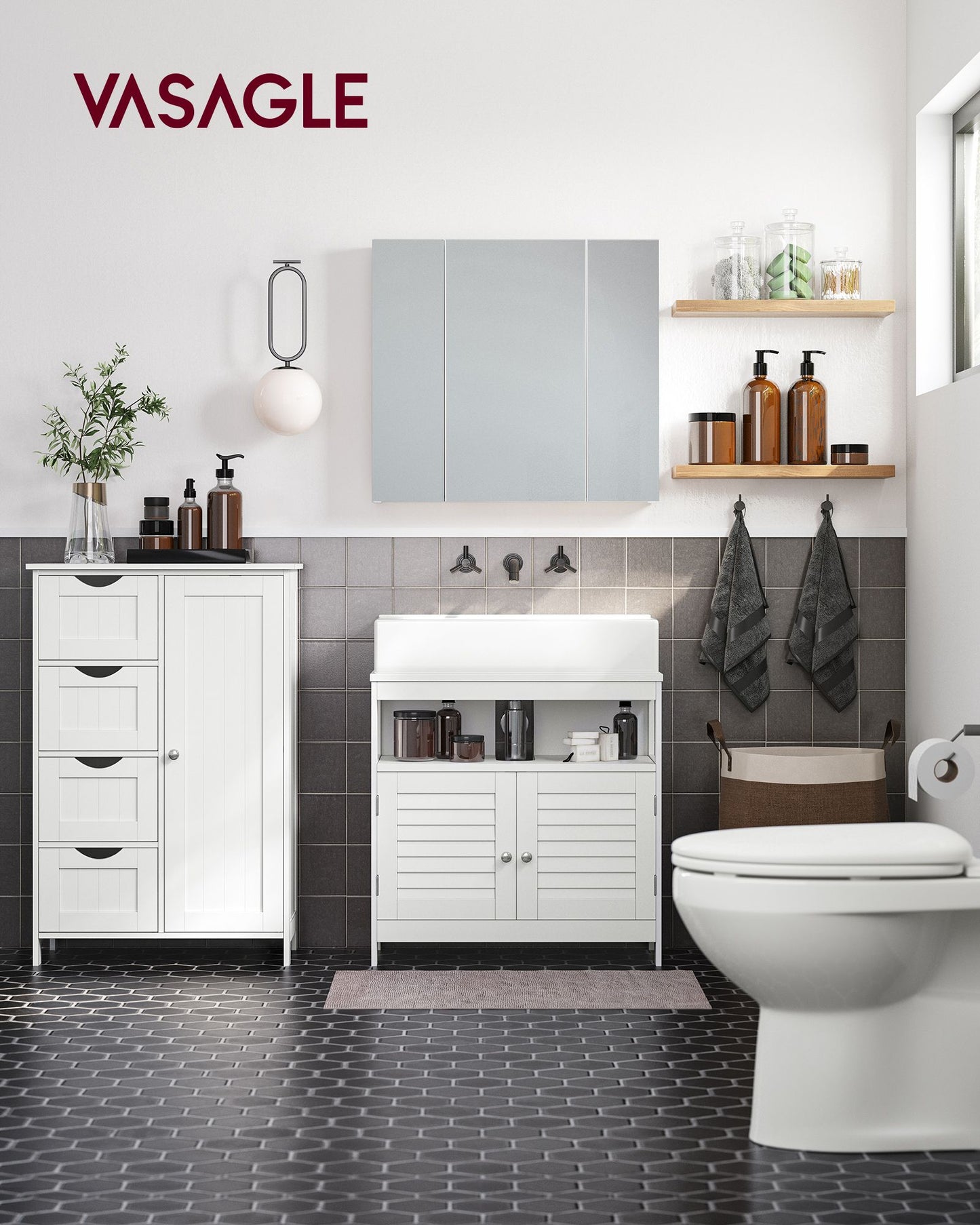 Armario de Baño Mueble de Baño Estrecho Cómoda de Baño Cajonera Blanco-VASAGLE