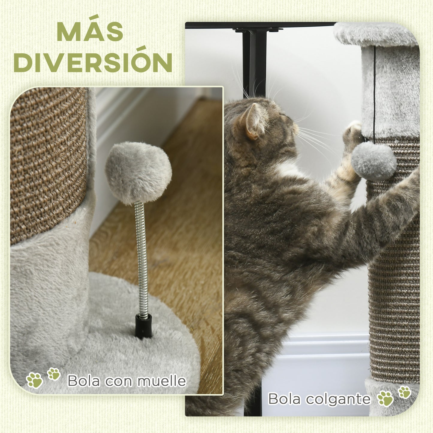 PawHut Poste Rascador para Gatos 58 cm Rascador para Gatos Arañador para Gatos con Poste de Sisal y Bolas Colgantes 34x25,5x58 cm Gris