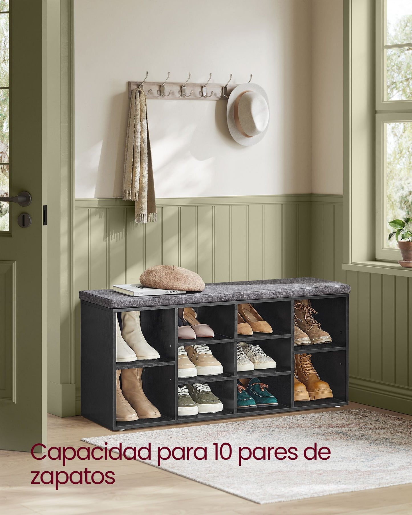 Banco Zapatero con Cojín y 10 Compartimientos 30 x 104 x 48 cm Negro Ébano-VASAGLE