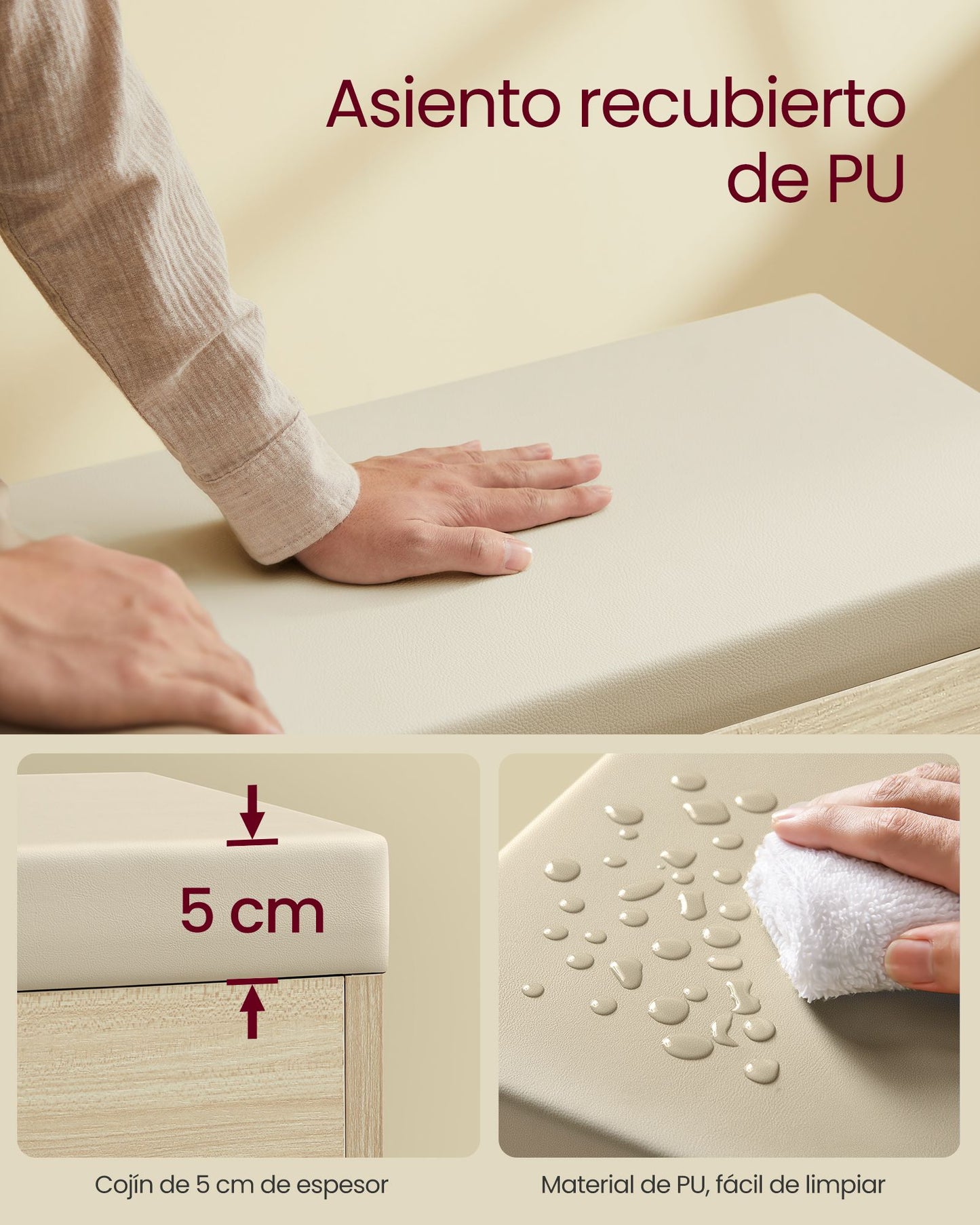 Banco Zapatero 30 x 60 x 44 cm Beige Natural-VASAGLE